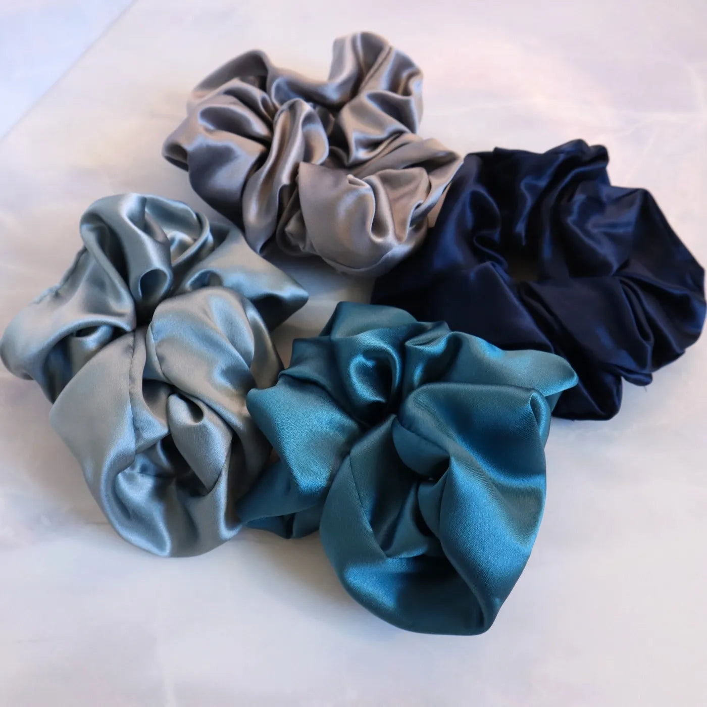 4 Silk Hair Scrunchie Set Hair Ties Mulberry - Navy Blue, Grey, Teal, Light Blue