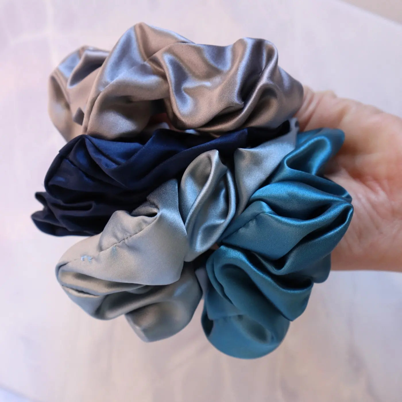 4 Silk Hair Scrunchie Set Hair Ties Mulberry - Navy Blue, Grey, Teal, Light Blue