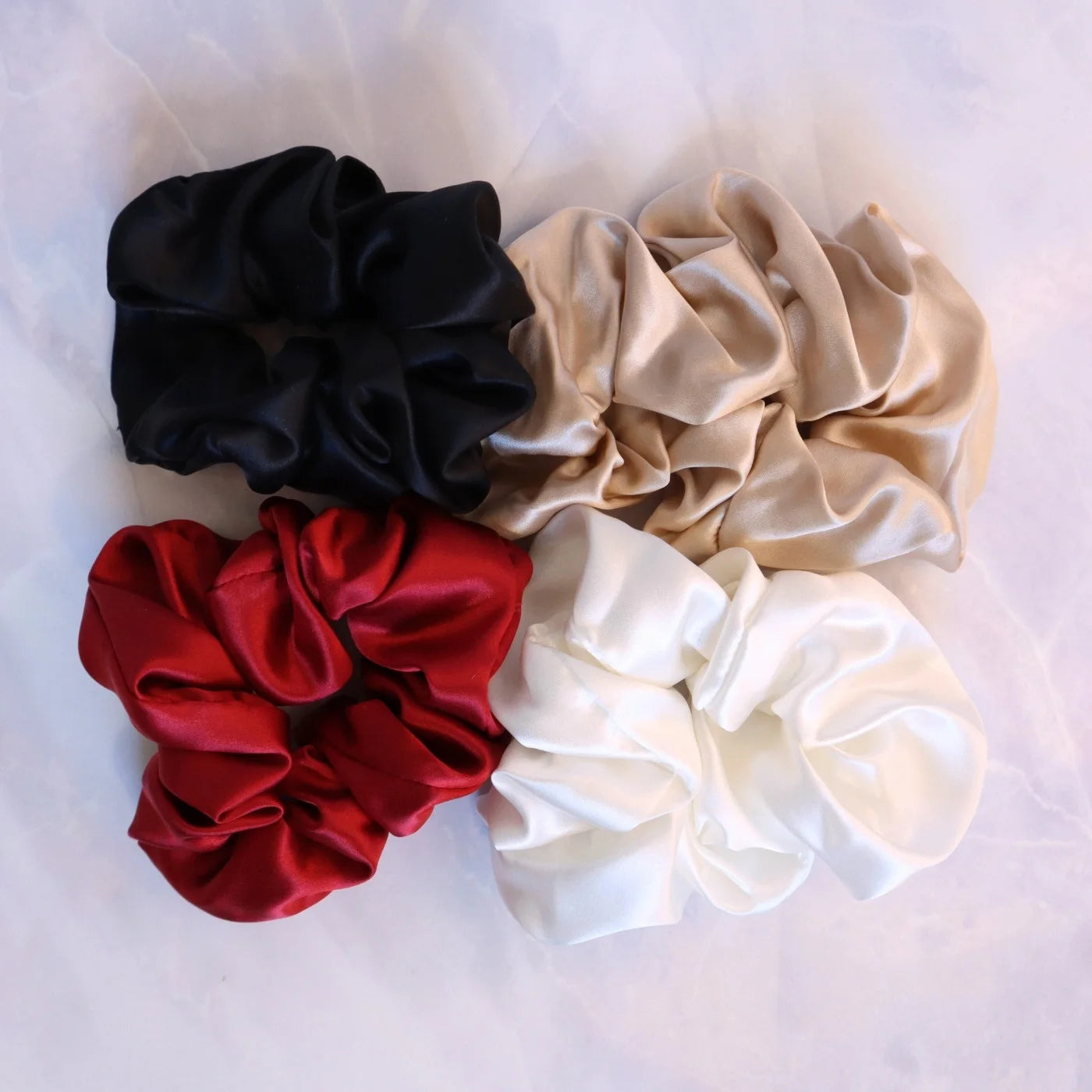 4 Silk Hair Scrunchie Hair Tie Set - Navy, Silver, Brown, Light Blue