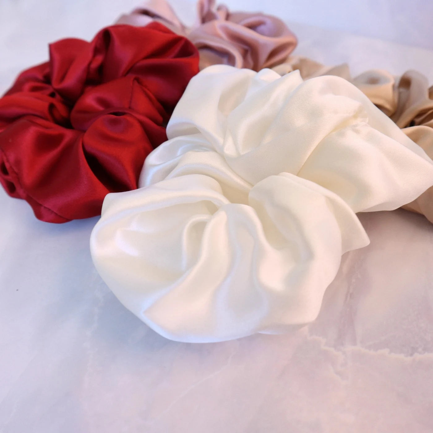 4 Silk Hair Scrunchie Set Ties Real Silk - Pink, Red, Gold, White