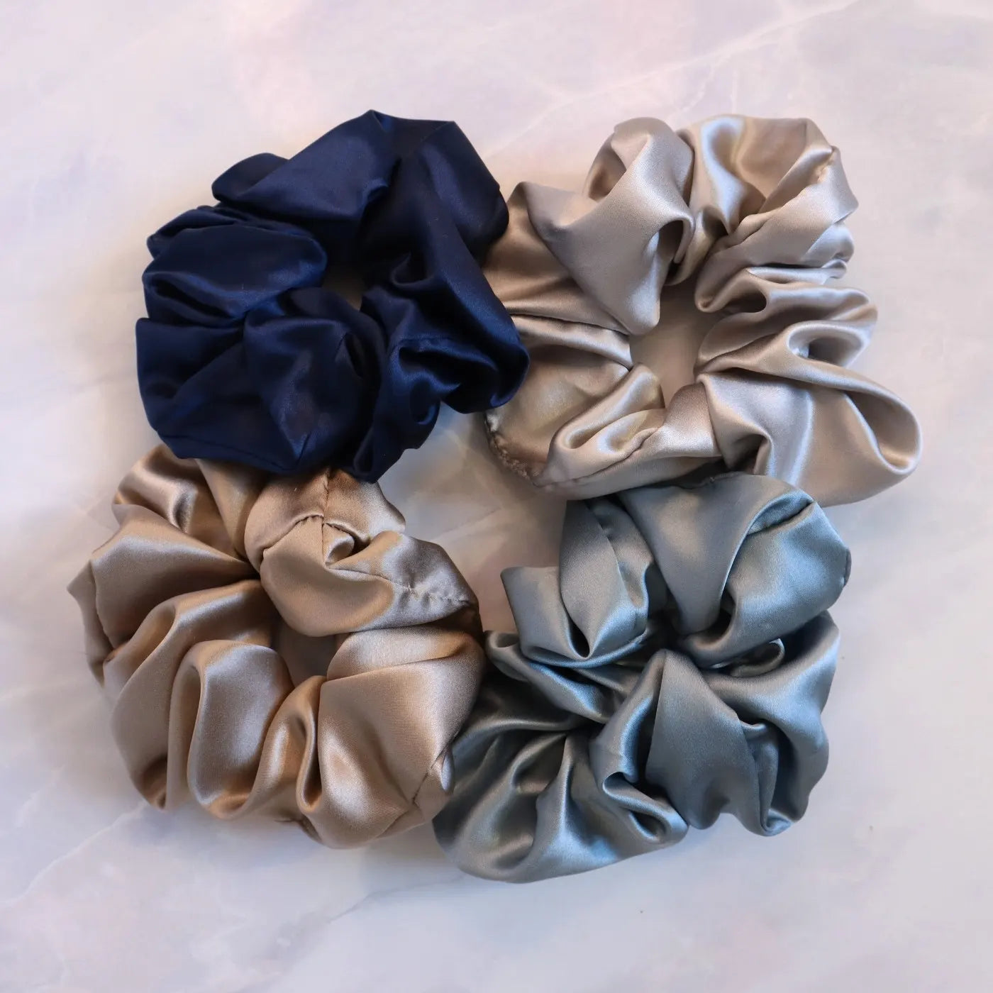 4 Silk Hair Scrunchie Hair Tie Set - Navy, Silver, Brown, Light Blue