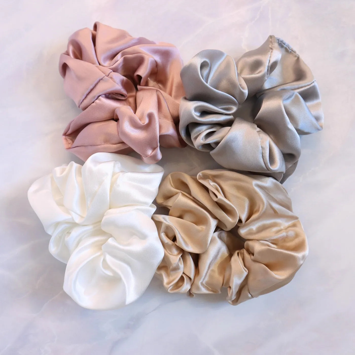 4 Silk Hair Scrunchie Set - Pink, White, Gold, Silver
