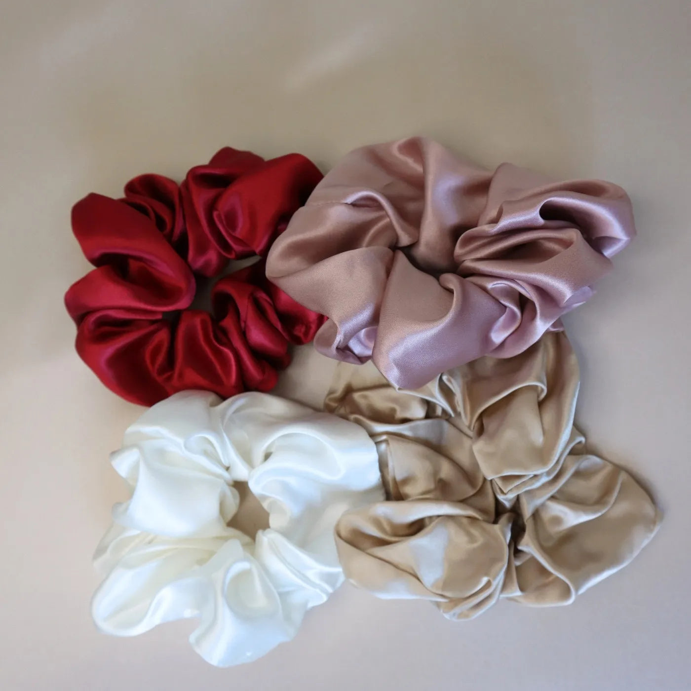 4 Silk Hair Scrunchie Set Ties Real Silk - Pink, Red, Gold, White