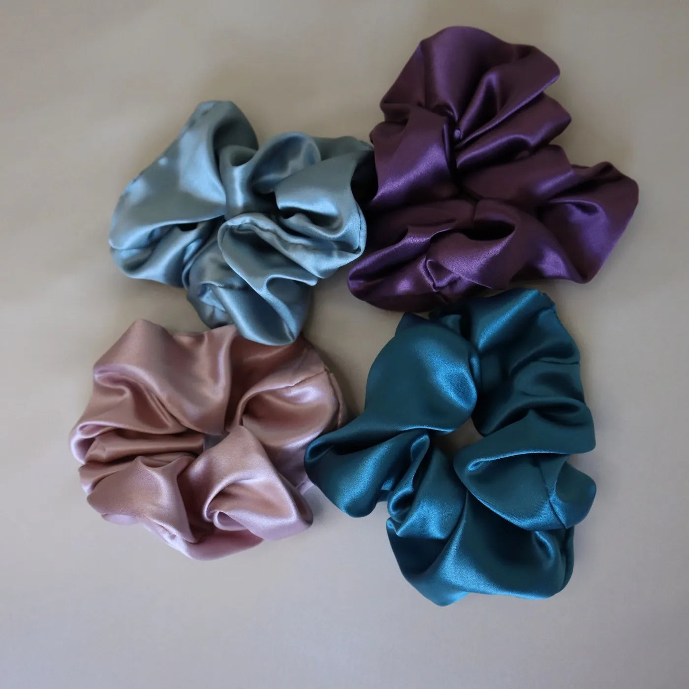 4 Silk Hair Scrunchie Set - Pink, Purple, Teal, Light Blue Hair Ties