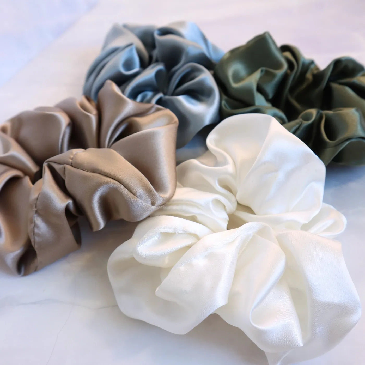 4 Silk Hair Scrunchie Set 22 MM Mulberry Silk - Brown, Green, Blue, White