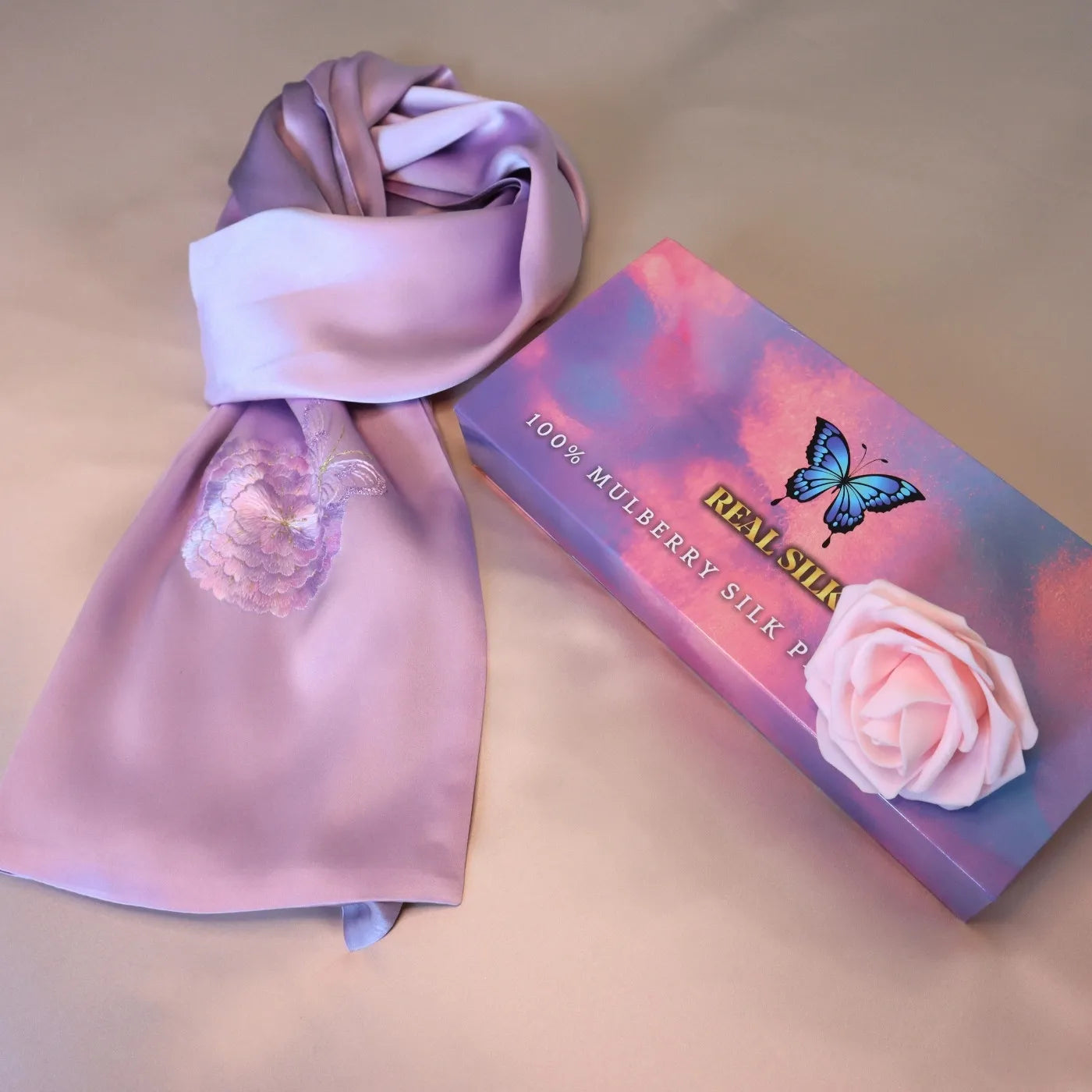 Lilac Mulberry Silk Scarf with Hand Embroidered Dandelion & Butterfly