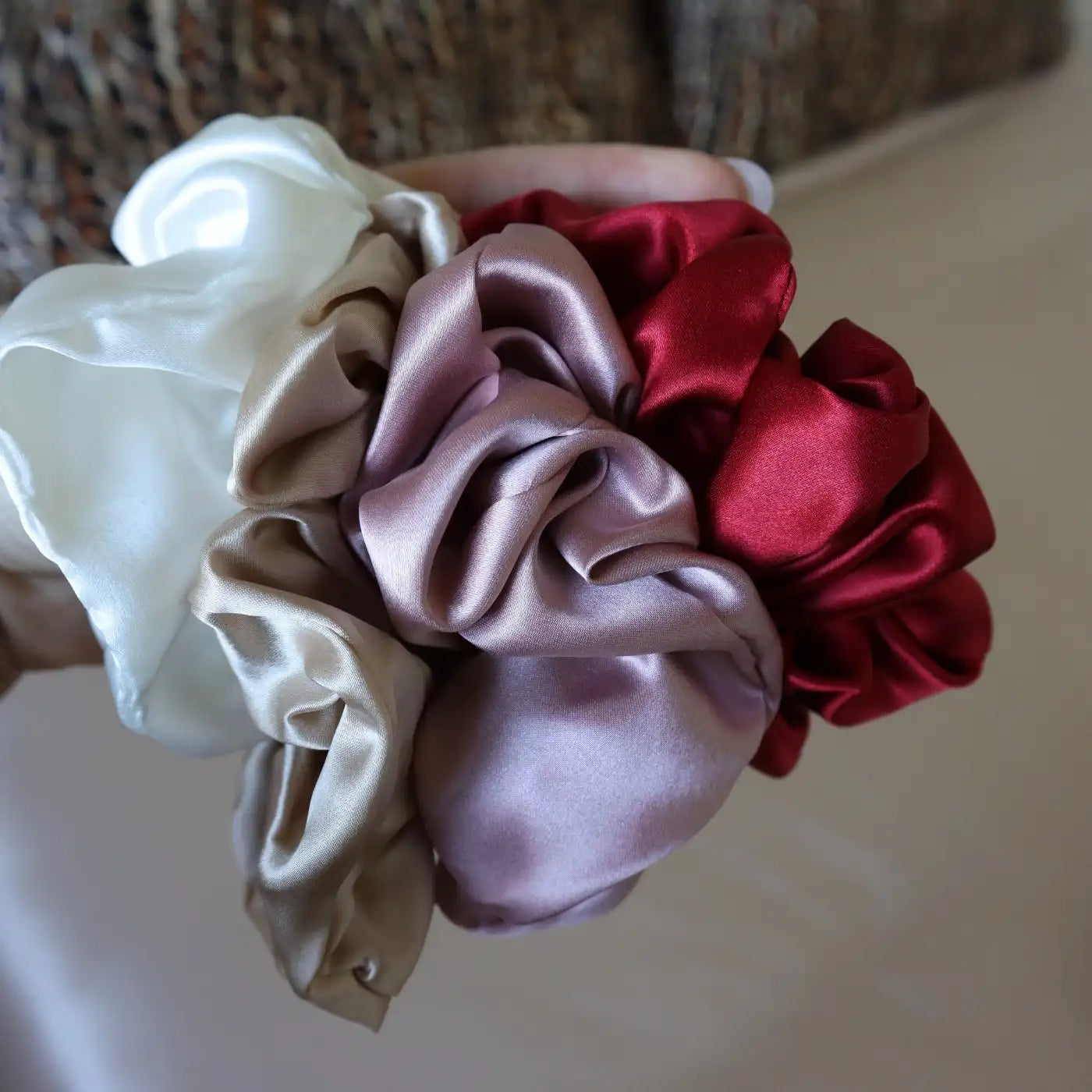 4 Silk Hair Scrunchie Set Ties Real Silk - Pink, Red, Gold, White