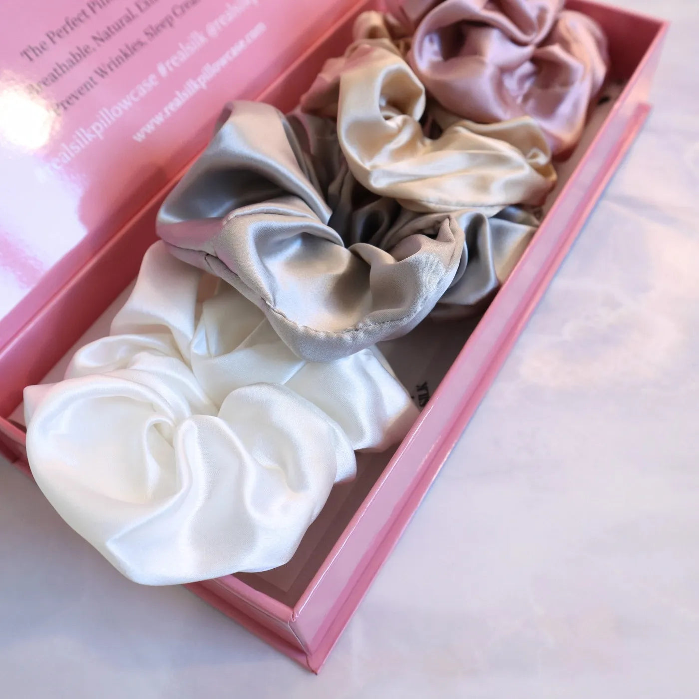 4 Silk Hair Scrunchie Set - Pink, White, Gold, Silver