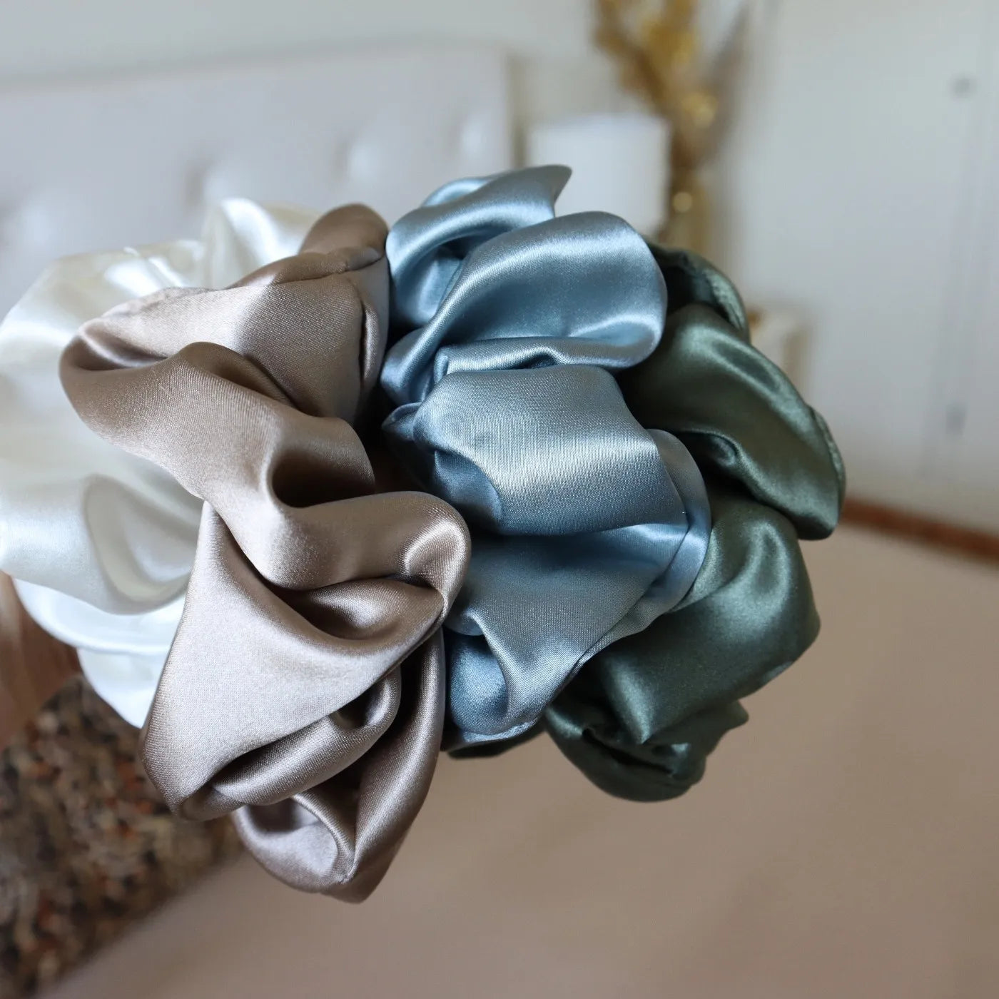 4 Silk Hair Scrunchie Set 22 MM Mulberry Silk - Brown, Green, Blue, White