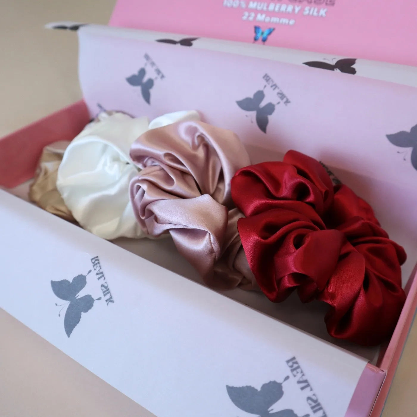 4 Silk Hair Scrunchie Set Ties Real Silk - Pink, Red, Gold, White