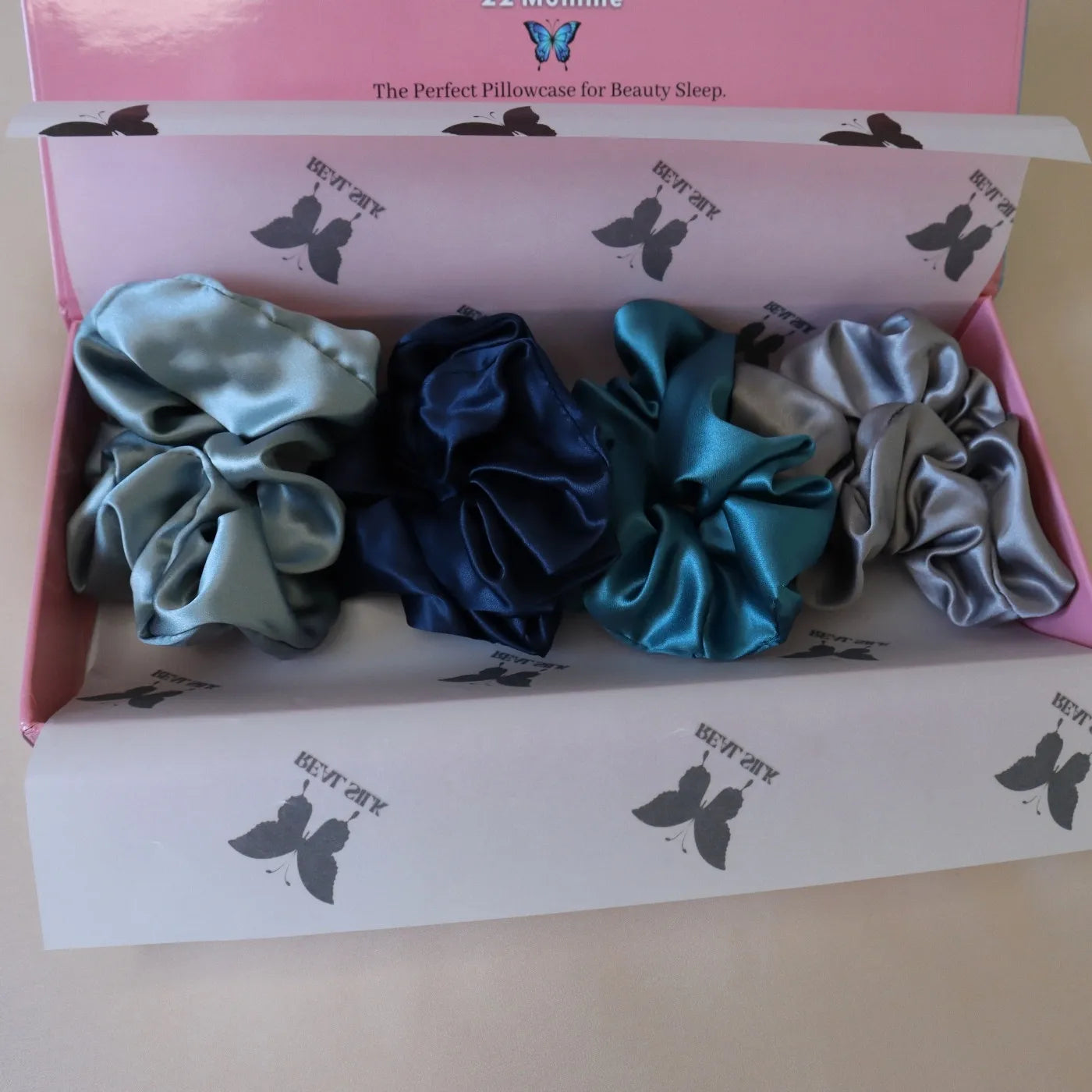 4 Silk Hair Scrunchie Set Hair Ties Mulberry - Navy Blue, Grey, Teal, Light Blue