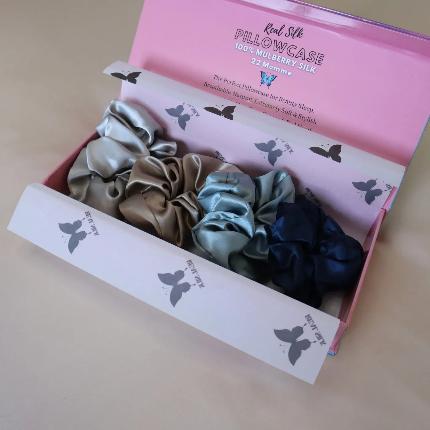 4 Silk Hair Scrunchie Hair Tie Set - Navy, Silver, Brown, Light Blue