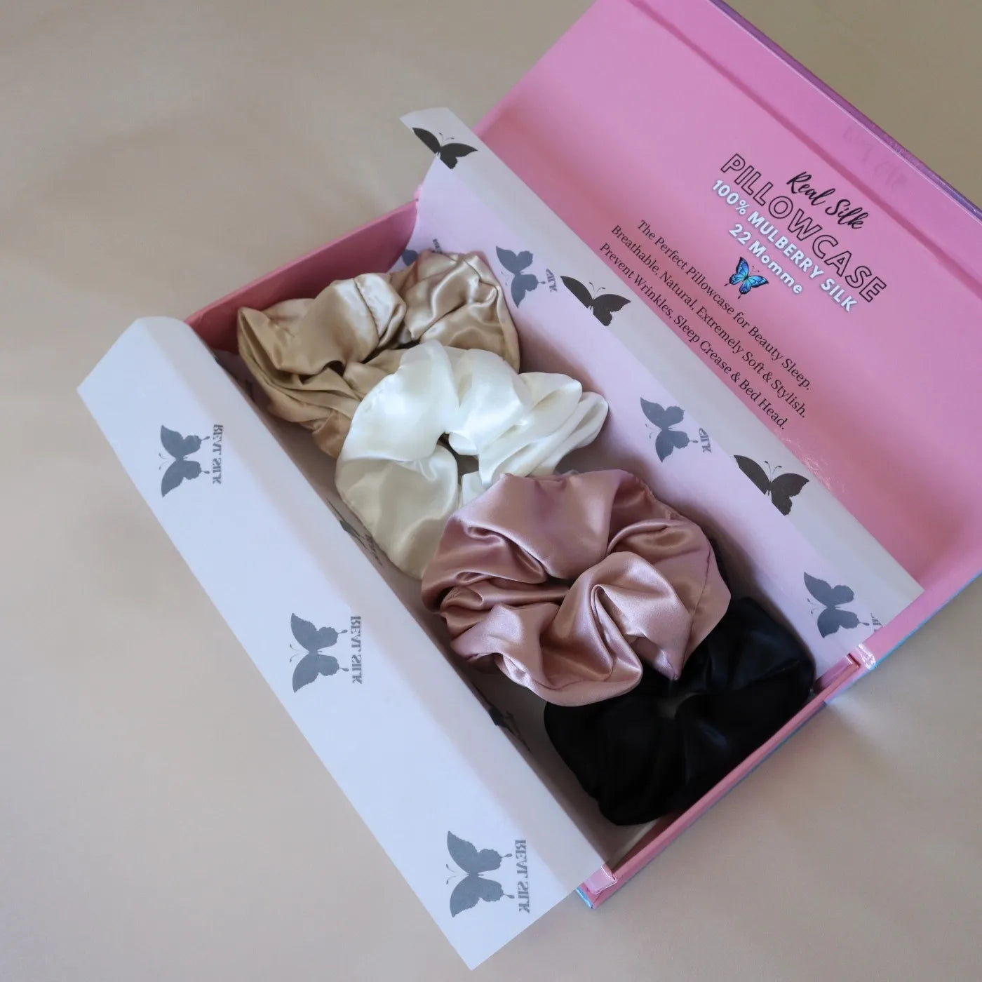 4 Silk Hair Scrunchie Set - White, Gold, Black, Pink
