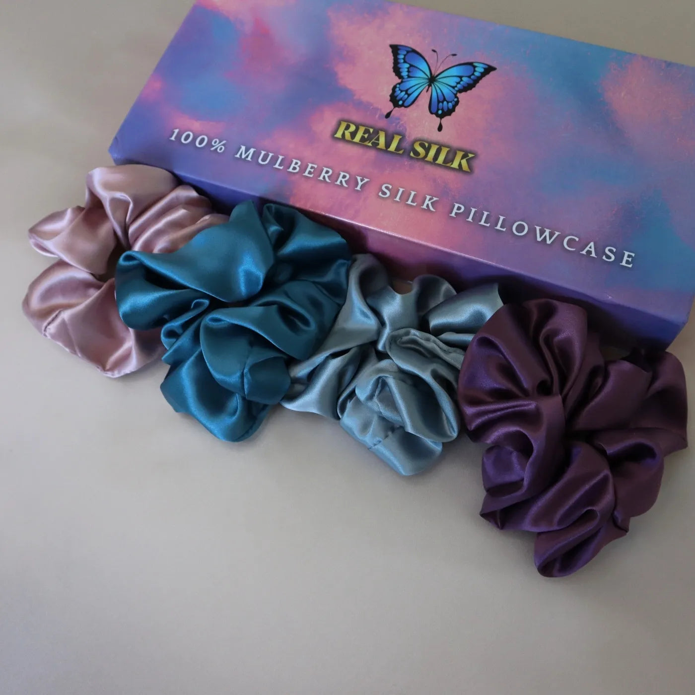 4 Silk Hair Scrunchie Set - Pink, Purple, Teal, Light Blue Hair Ties