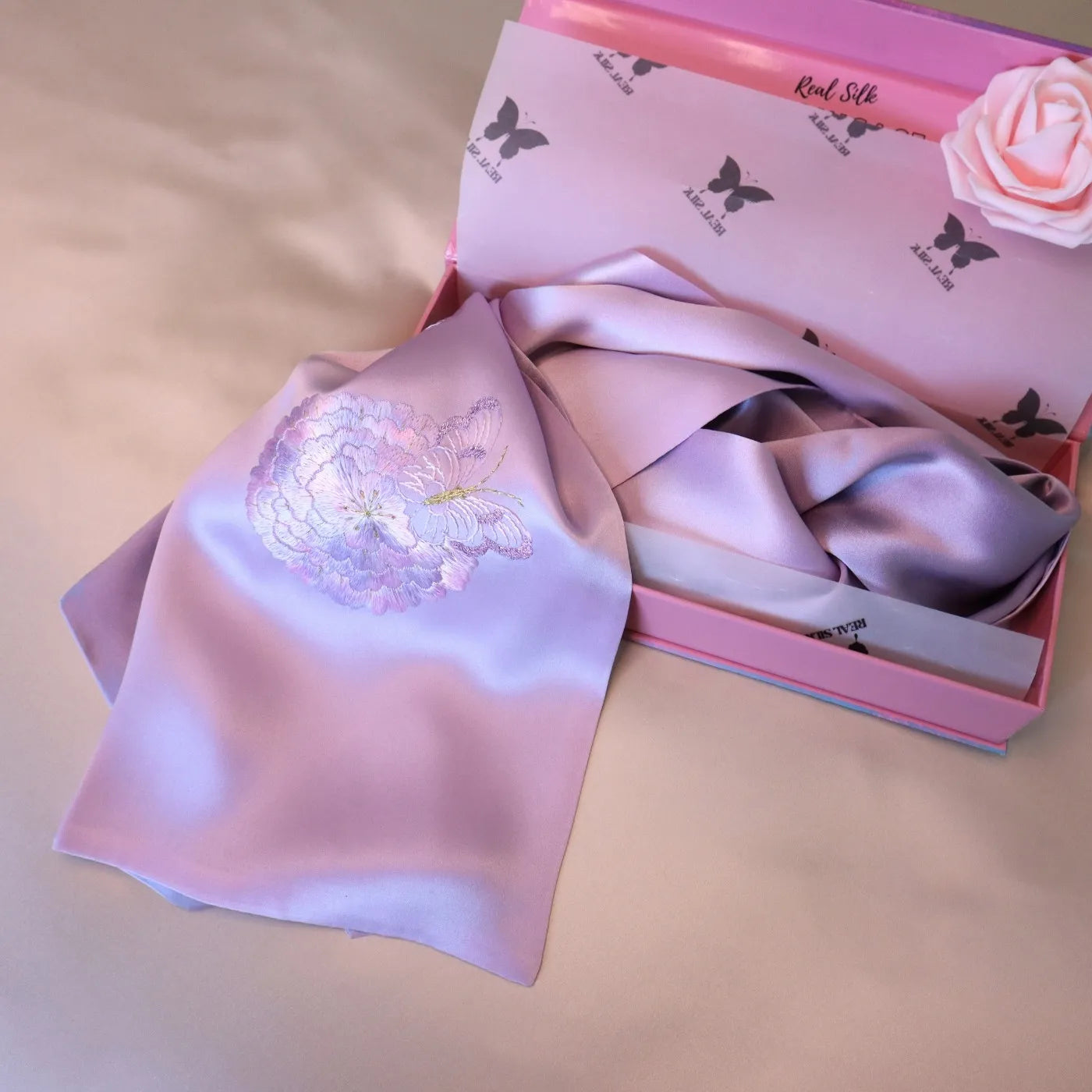 Lilac Mulberry Silk Scarf with Hand Embroidered Dandelion & Butterfly