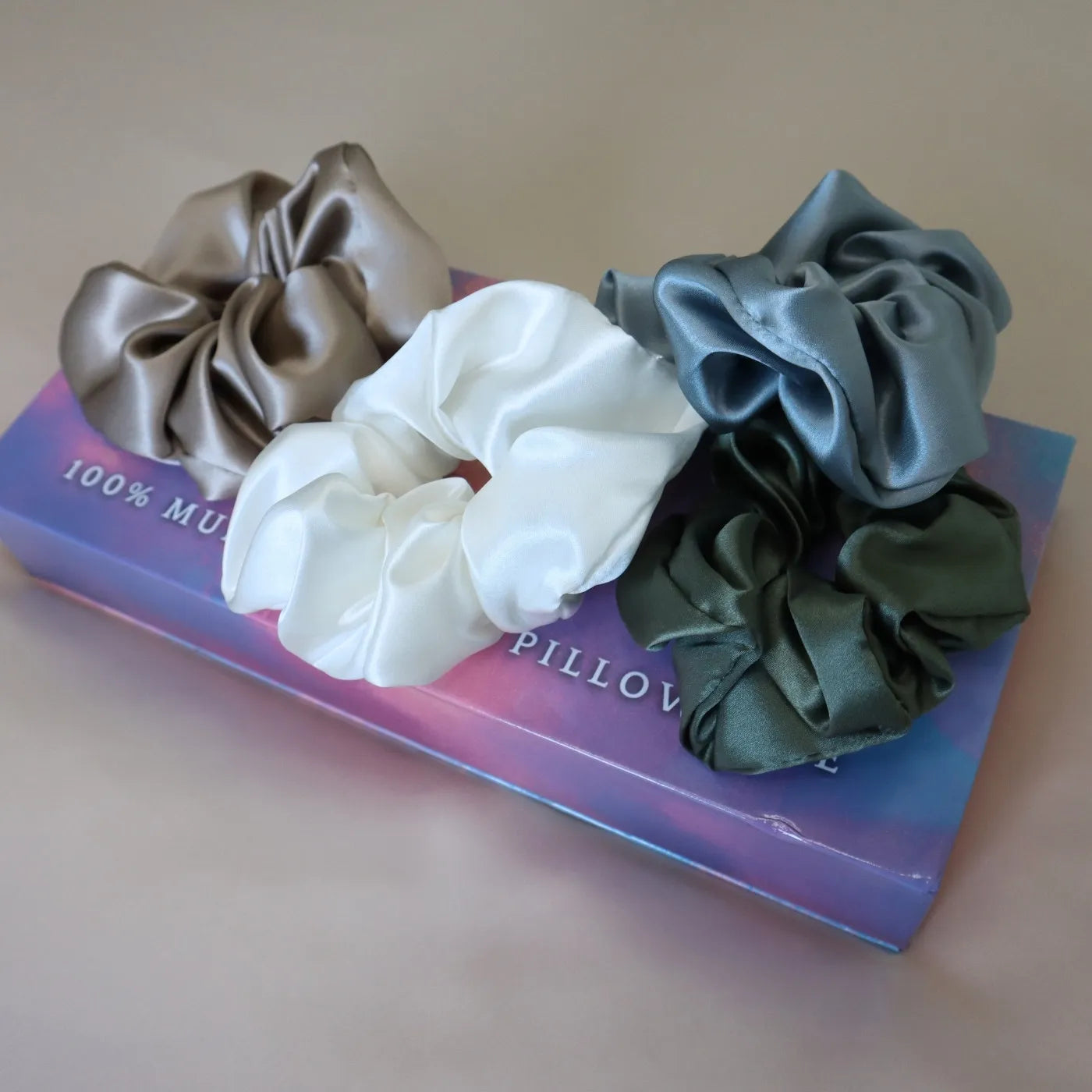4 Silk Hair Scrunchie Set 22 MM Mulberry Silk - Brown, Green, Blue, White