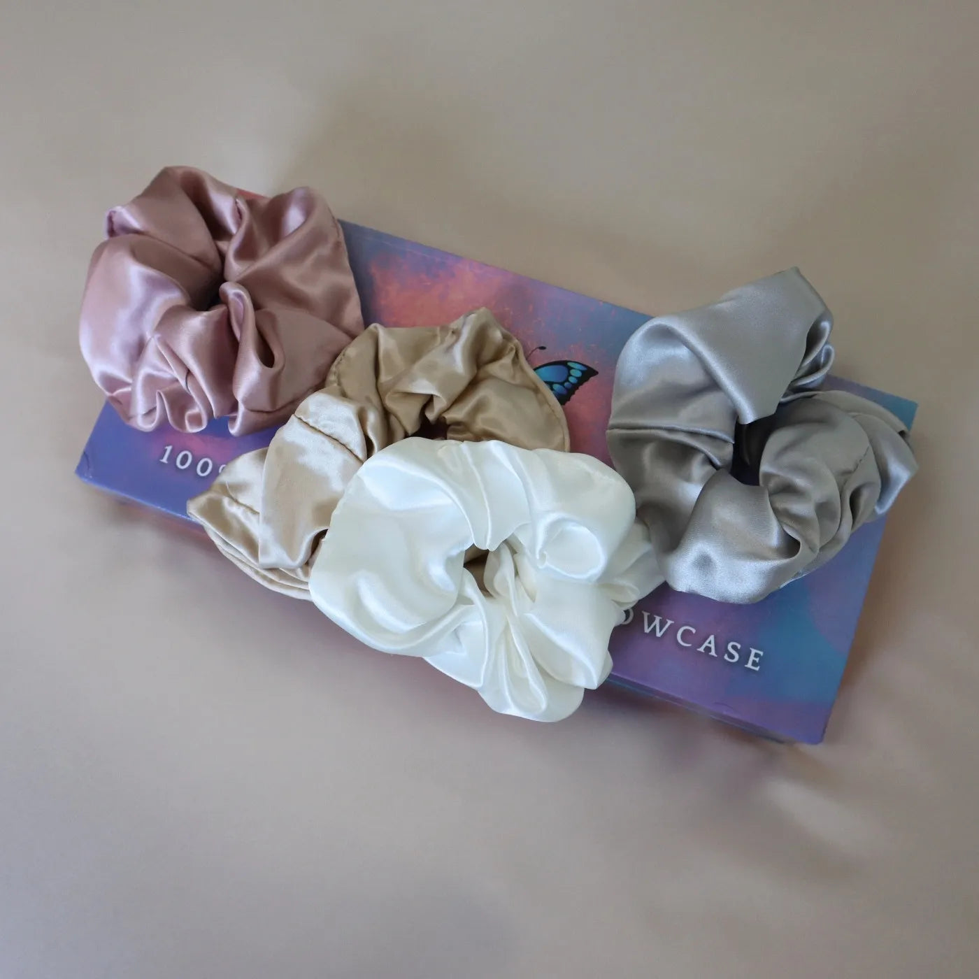 4 Silk Hair Scrunchie Set - Pink, White, Gold, Silver