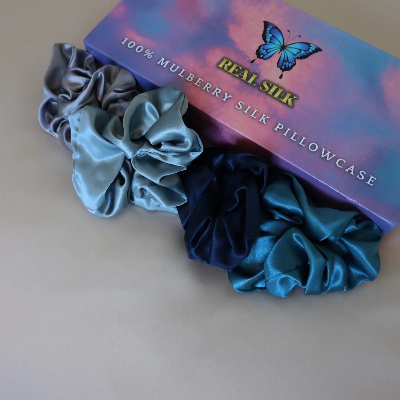4 Silk Hair Scrunchie Set Hair Ties Mulberry - Navy Blue, Grey, Teal, Light Blue
