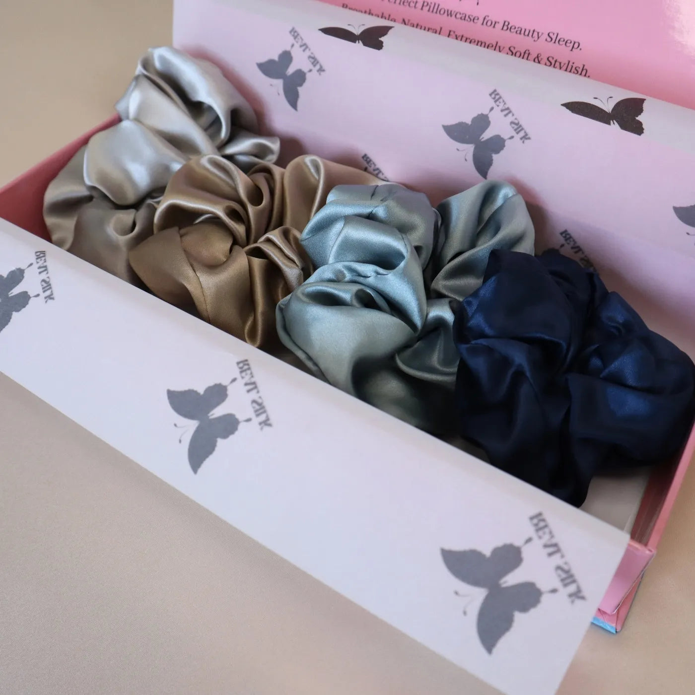 4 Silk Hair Scrunchie Hair Tie Set - Navy, Silver, Brown, Light Blue