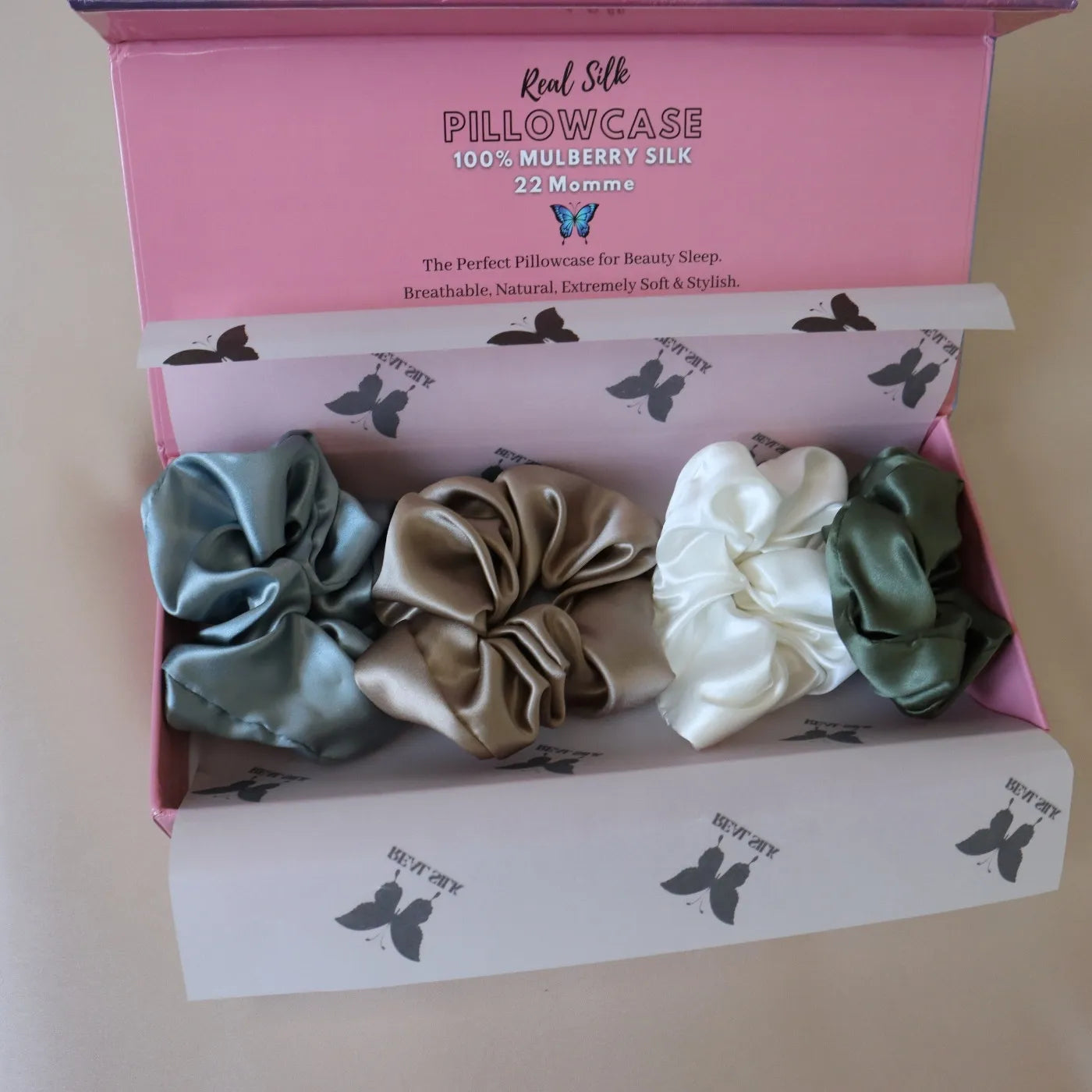 4 Silk Hair Scrunchie Set 22 MM Mulberry Silk - Brown, Green, Blue, White