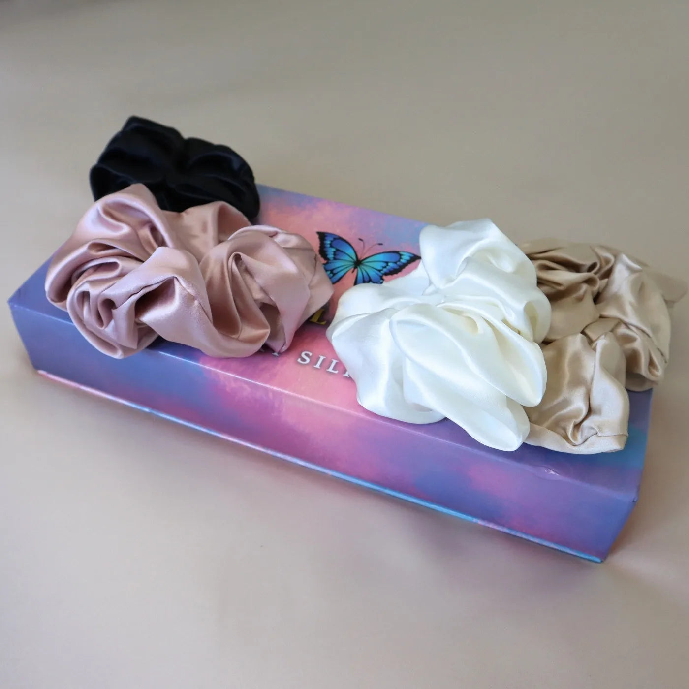 4 Silk Hair Scrunchie Set - White, Gold, Black, Pink