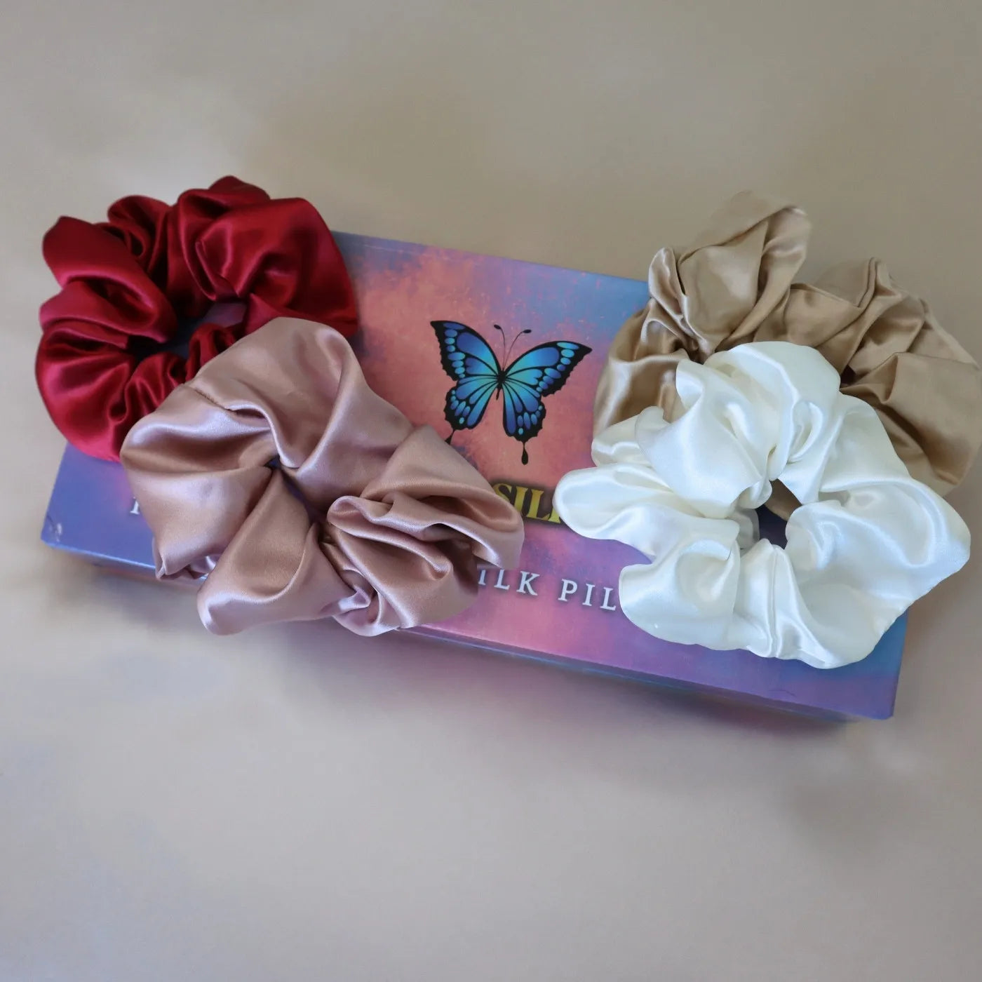 4 Silk Hair Scrunchie Set Ties Real Silk - Pink, Red, Gold, White