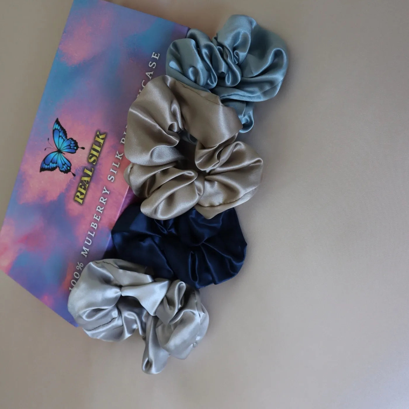 4 Silk Hair Scrunchie Hair Tie Set - Navy, Silver, Brown, Light Blue