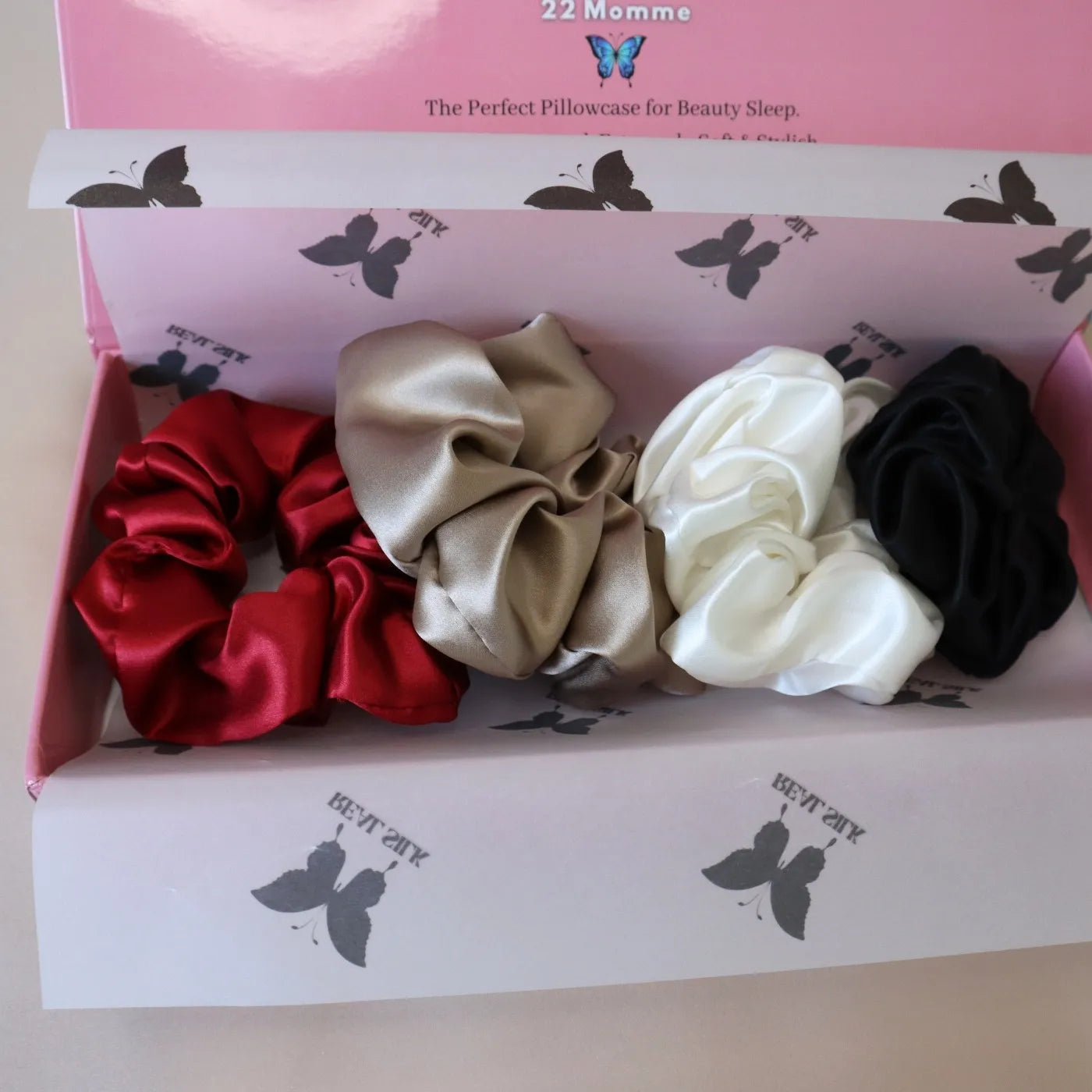 4 Silk Hair Scrunchie Ties Set - Red, White, Gold, Black