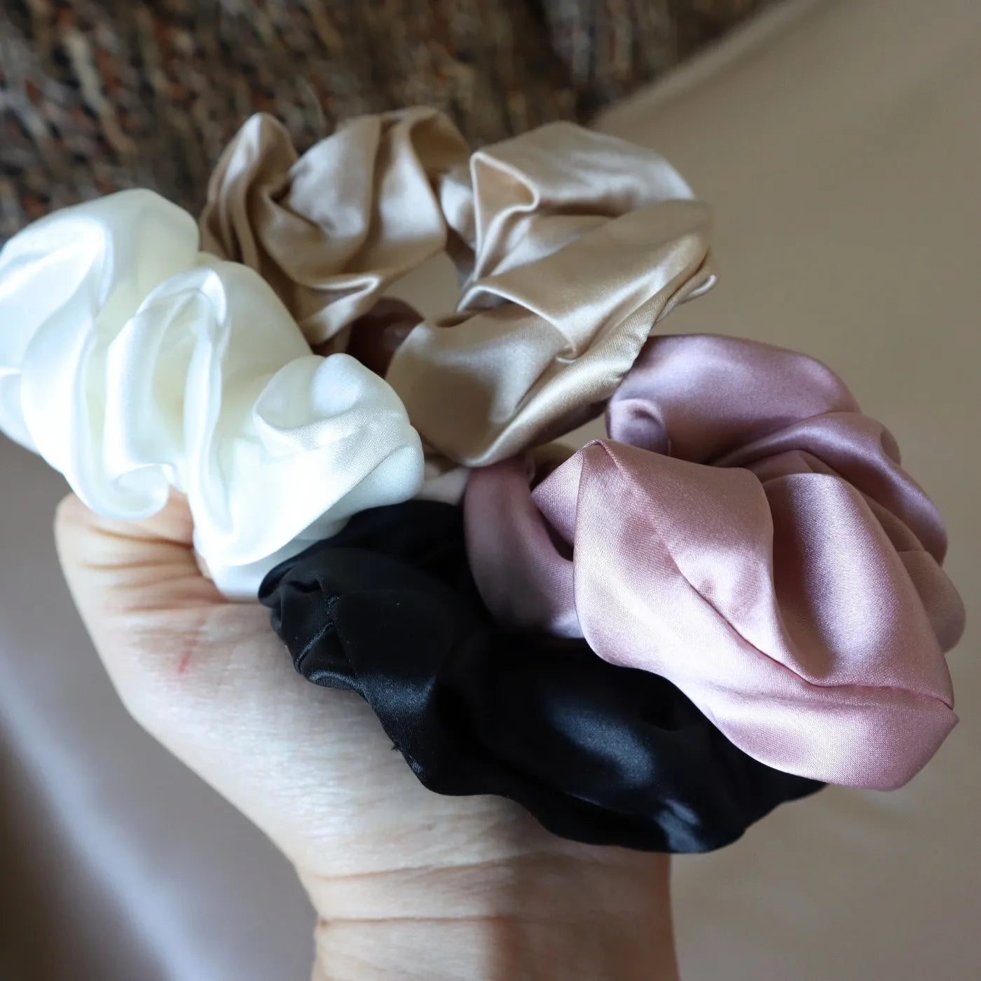 4 Silk Hair Scrunchie Set - White, Gold, Black, Pink
