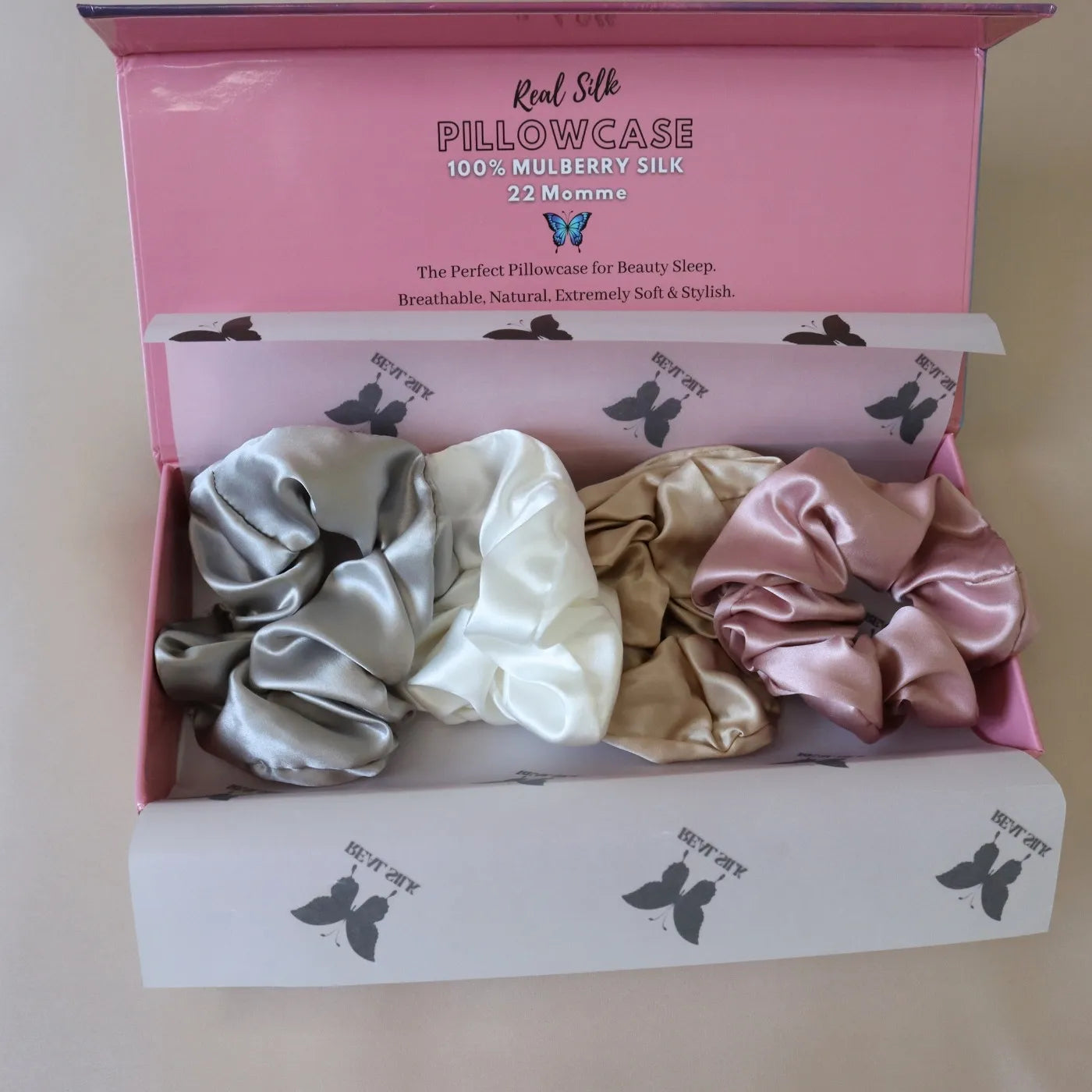4 Silk Hair Scrunchie Set - Pink, White, Gold, Silver