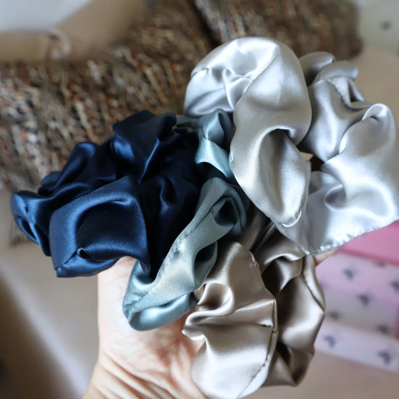 4 Silk Hair Scrunchie Hair Tie Set - Navy, Silver, Brown, Light Blue