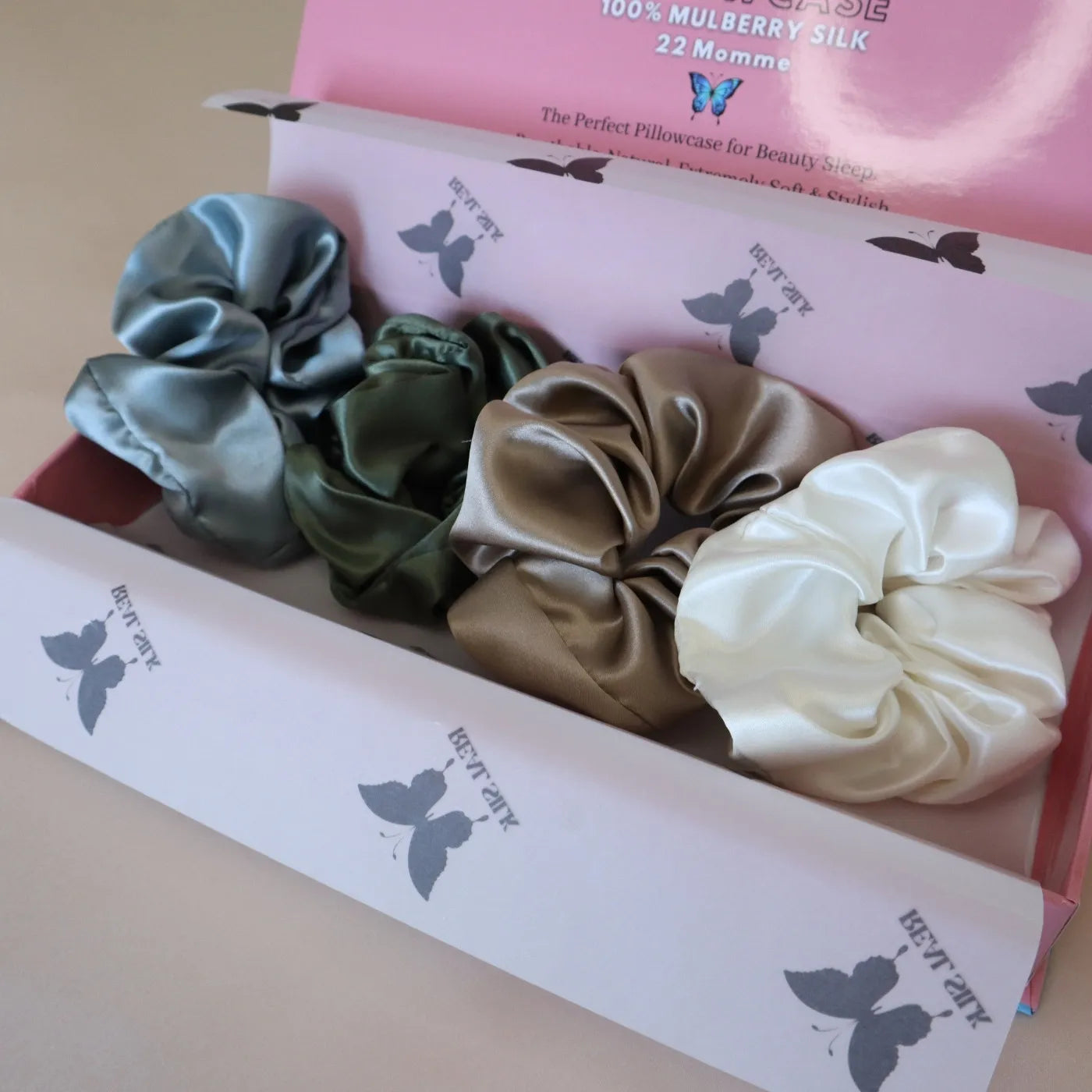 4 Silk Hair Scrunchie Set 22 MM Mulberry Silk - Brown, Green, Blue, White