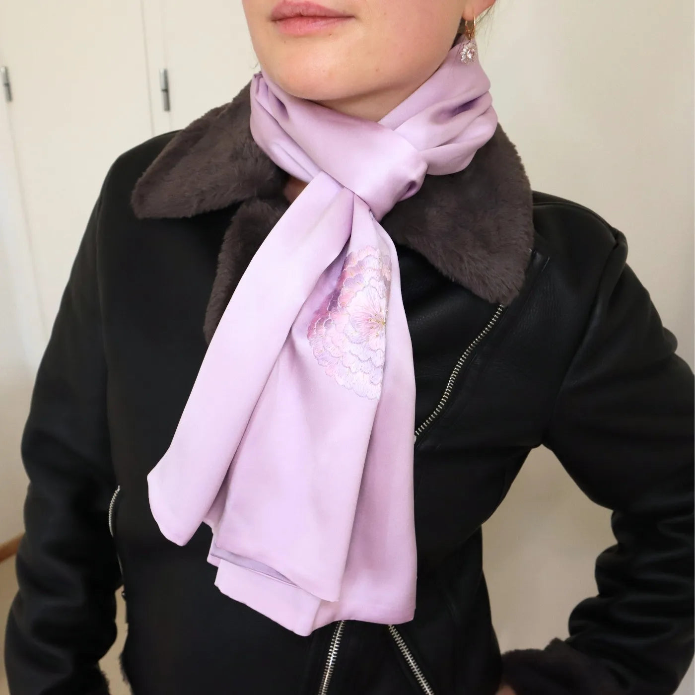 Lilac Mulberry Silk Scarf with Hand Embroidered Dandelion & Butterfly