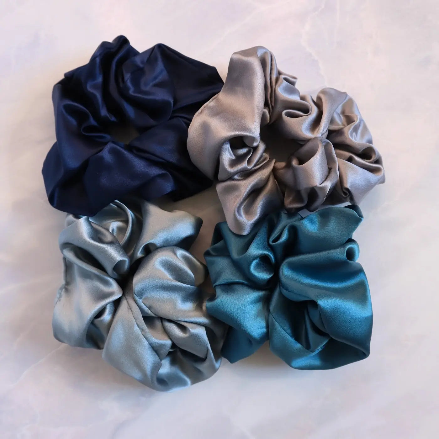 4 Silk Hair Scrunchie Set Hair Ties Mulberry - Navy Blue, Grey, Teal, Light Blue