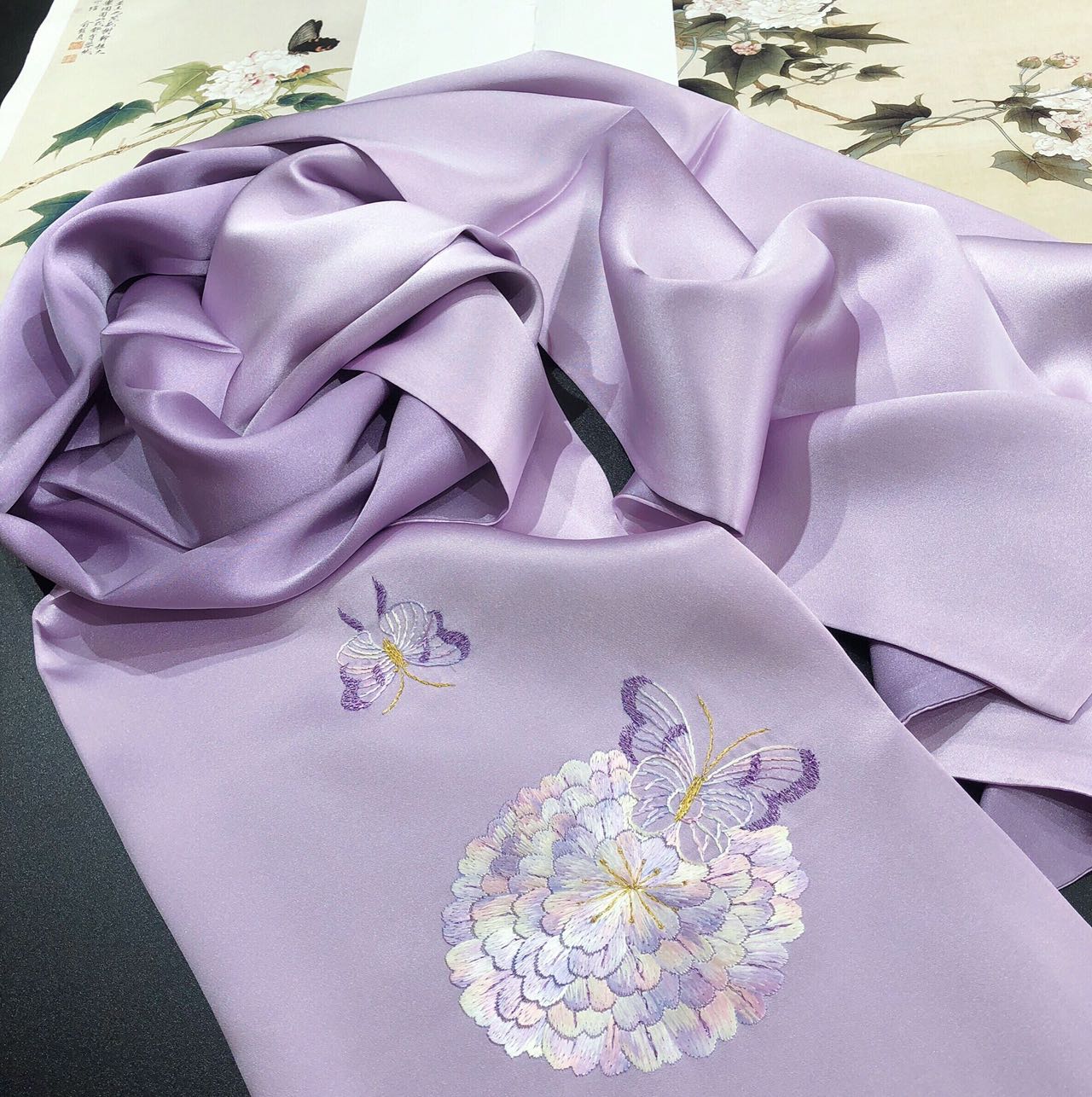 Lilac Mulberry Silk Scarf with Hand Embroidered Dandelion & Butterfly