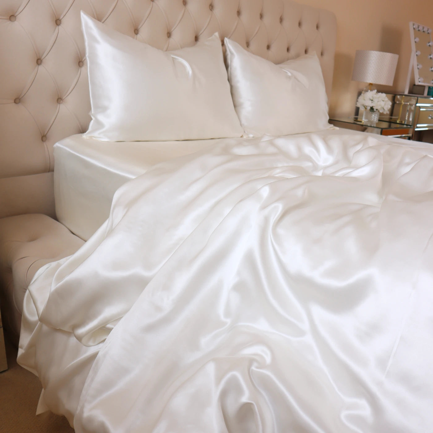 Real Silk Bedding Set Luxury 4 Psc 22 Momme 100% Mulberry Silk Bedding Set Duvet Cover Fitted Sheet 2 Pillow Covers Cases in White UK