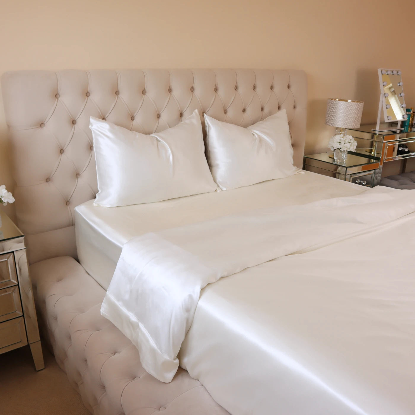 Real Silk Bedding Set Luxury 4 Psc 22 Momme 100% Mulberry Silk Bedding Set Duvet Cover Fitted Sheet 2 Pillow Covers Cases in White UK