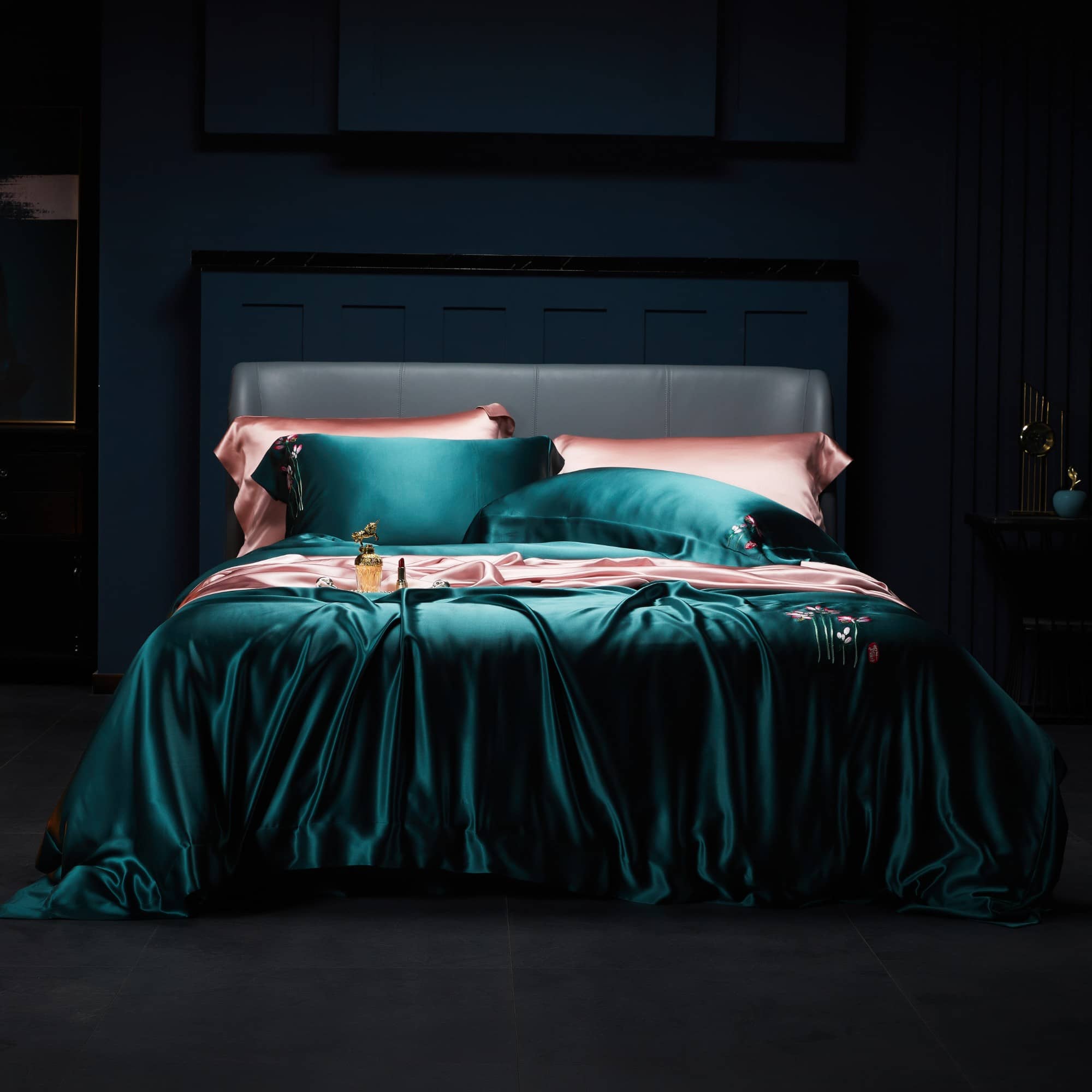 Luxury Embroidered 7 Psc Real Mulberry Silk Bedding Set, Teal & Pink hand embroidered luxurious bedsheets set linen floral duvet cover oxford style pillows