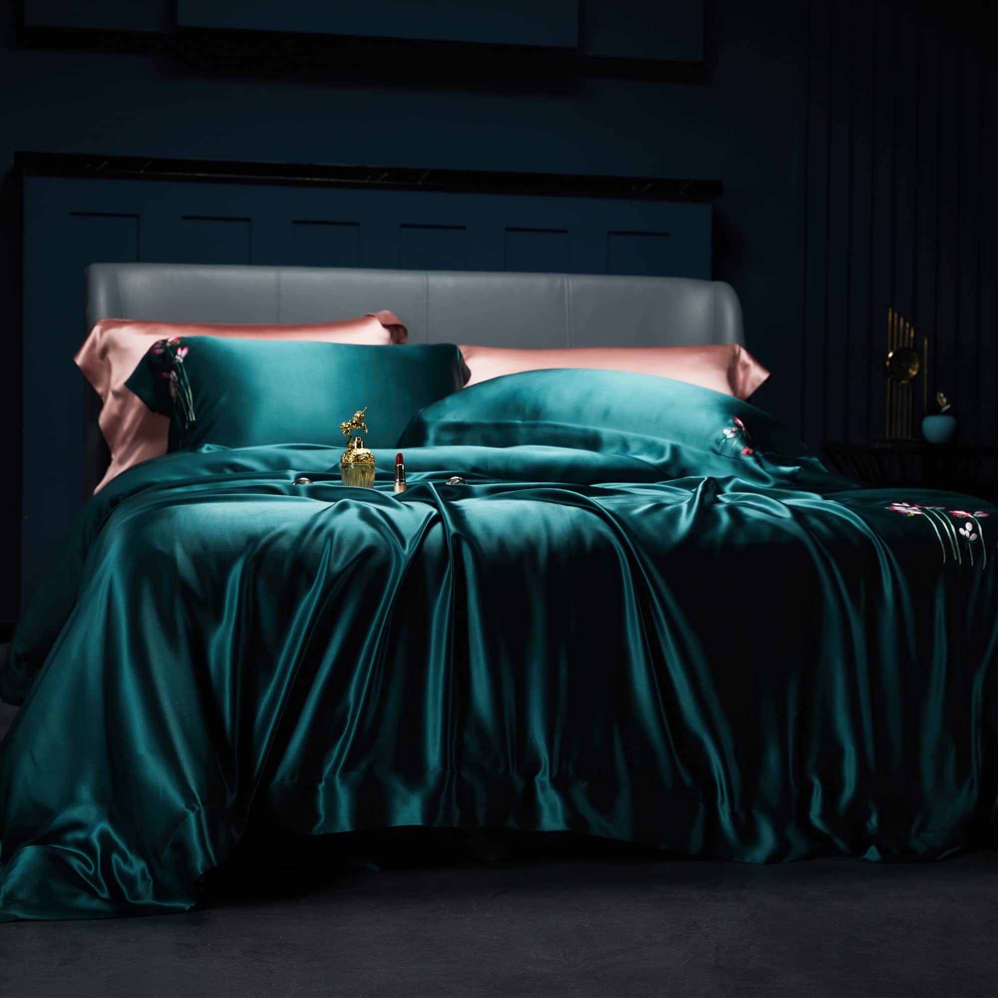 Luxury Embroidered 7 Psc Real Mulberry Silk Bedding Set, Teal & Pink hand embroidered luxurious bedsheets set linen floral duvet cover oxford style pillows