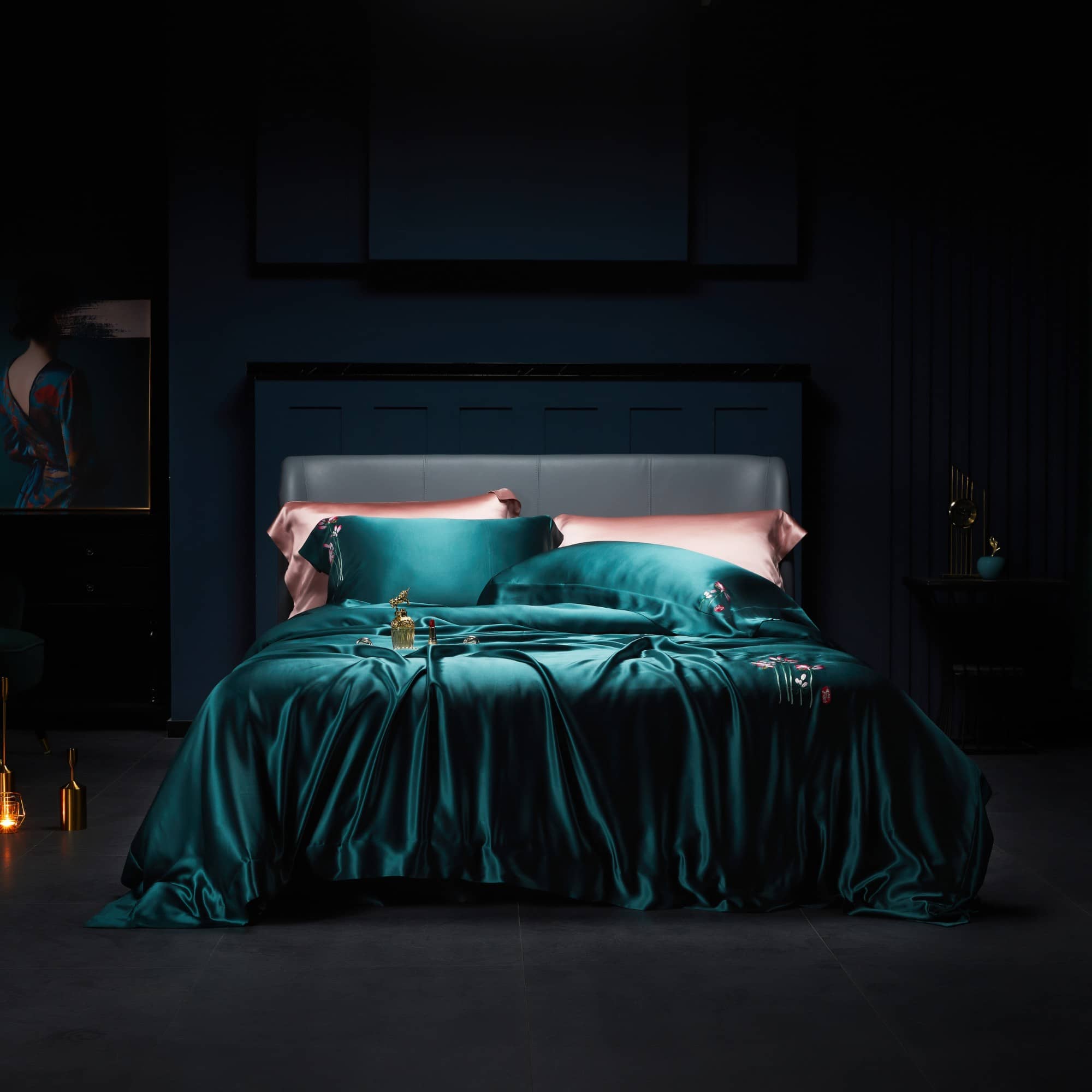 Luxury Embroidered 7 Psc Real Mulberry Silk Bedding Set, Teal & Pink hand embroidered luxurious bedsheets set linen floral duvet cover oxford style pillows