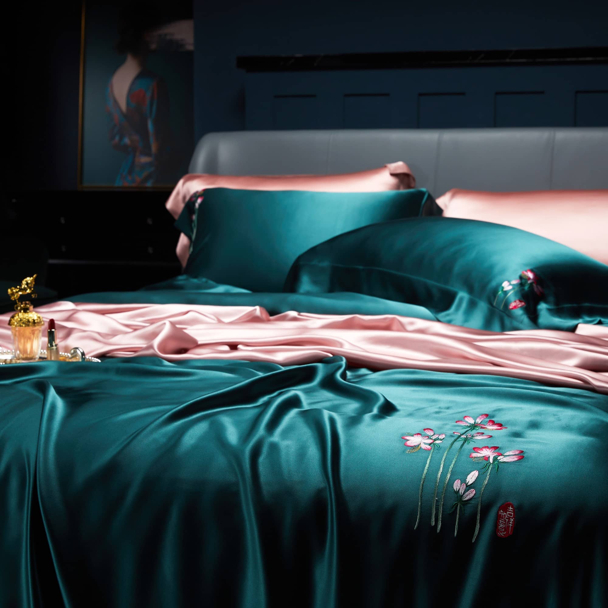 Luxury Embroidered 7 Psc Real Mulberry Silk Bedding Set, Teal & Pink hand embroidered luxurious bedsheets set linen floral duvet cover oxford style pillows