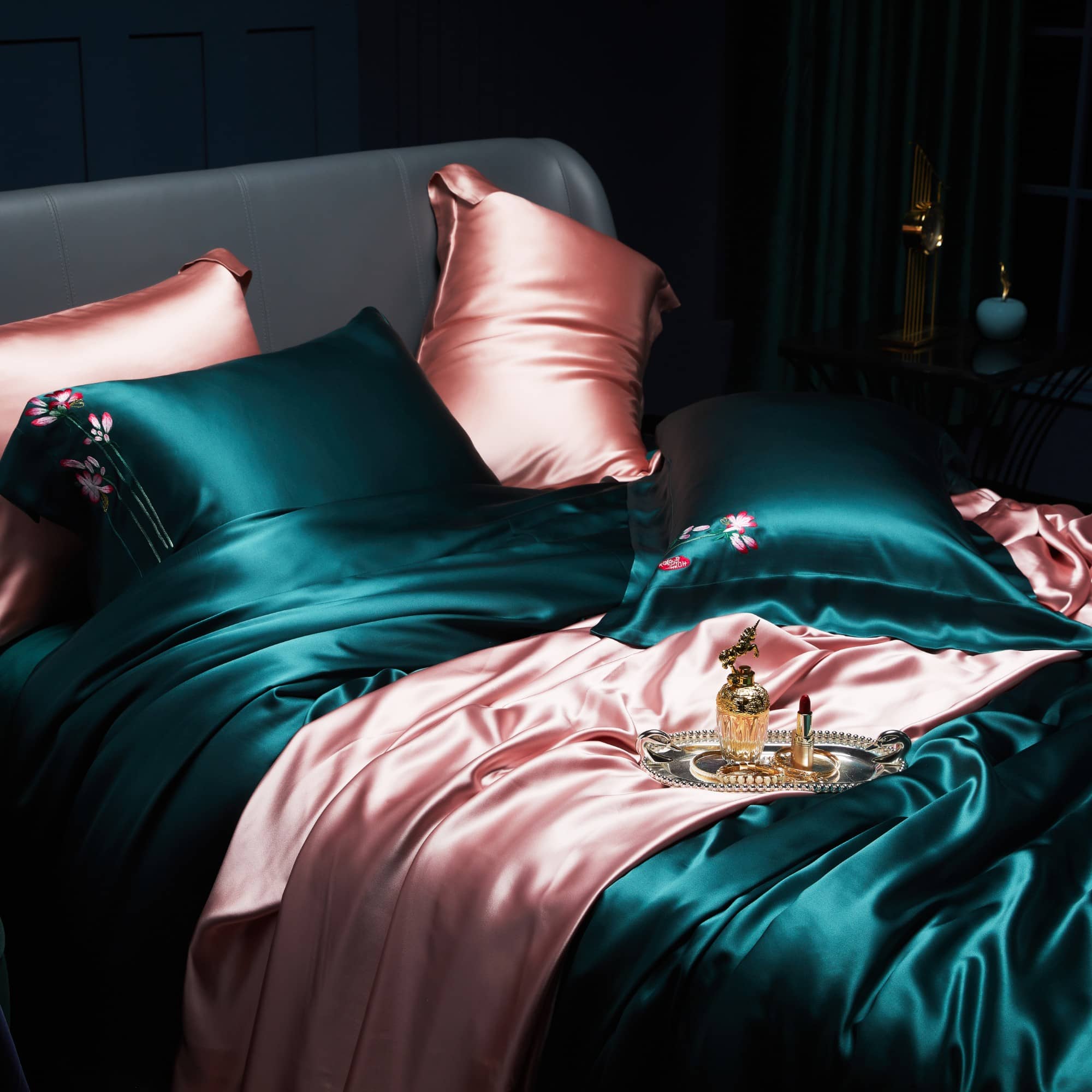 Luxury Embroidered 7 Psc Real Mulberry Silk Bedding Set, Teal & Pink hand embroidered luxurious bedsheets set linen floral duvet cover oxford style pillows