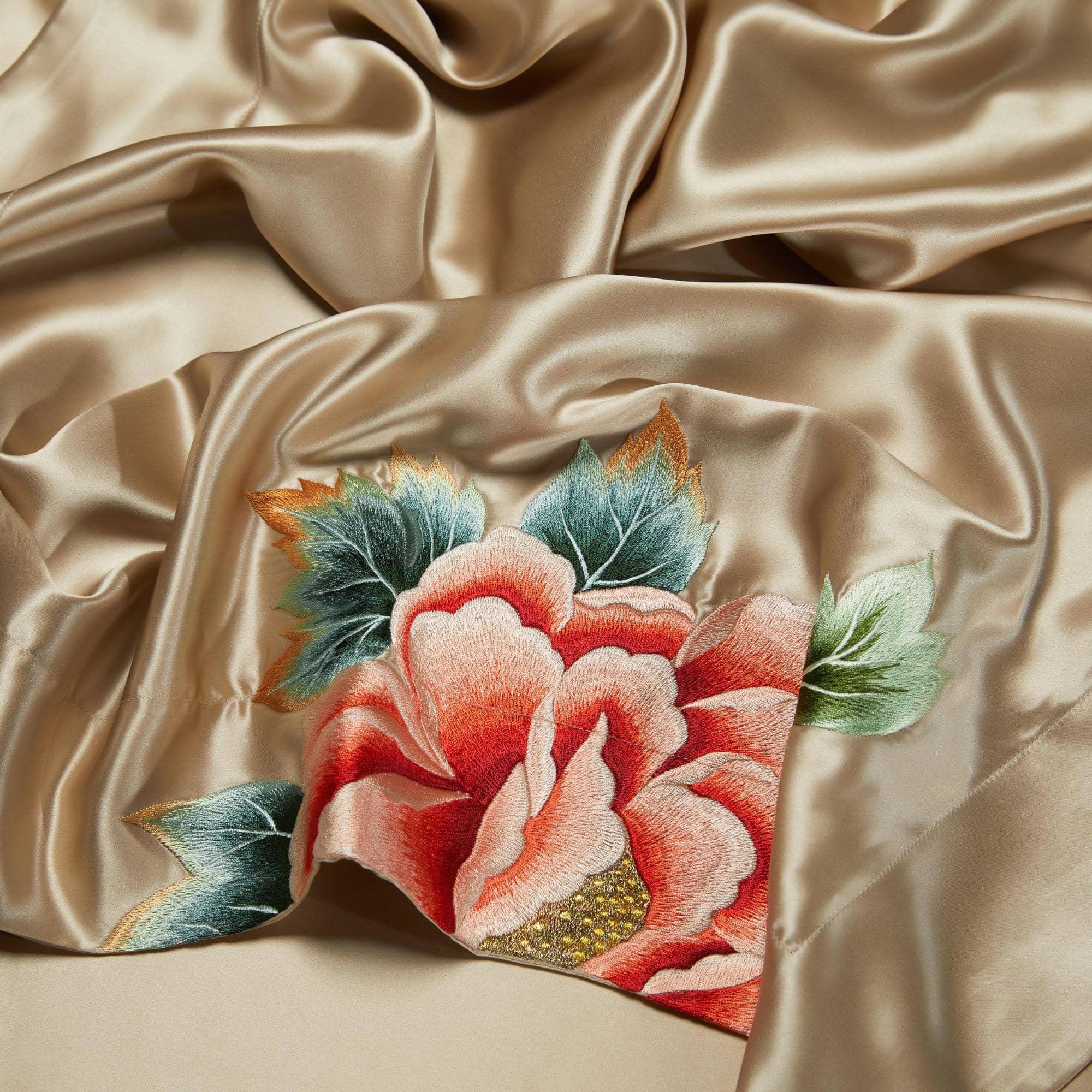 Luxury hand Embroidered 4 Psc 22 MM Pure Real Mulberry Silk Bedding Set in Gold Roses Flowers Floral Duvet
