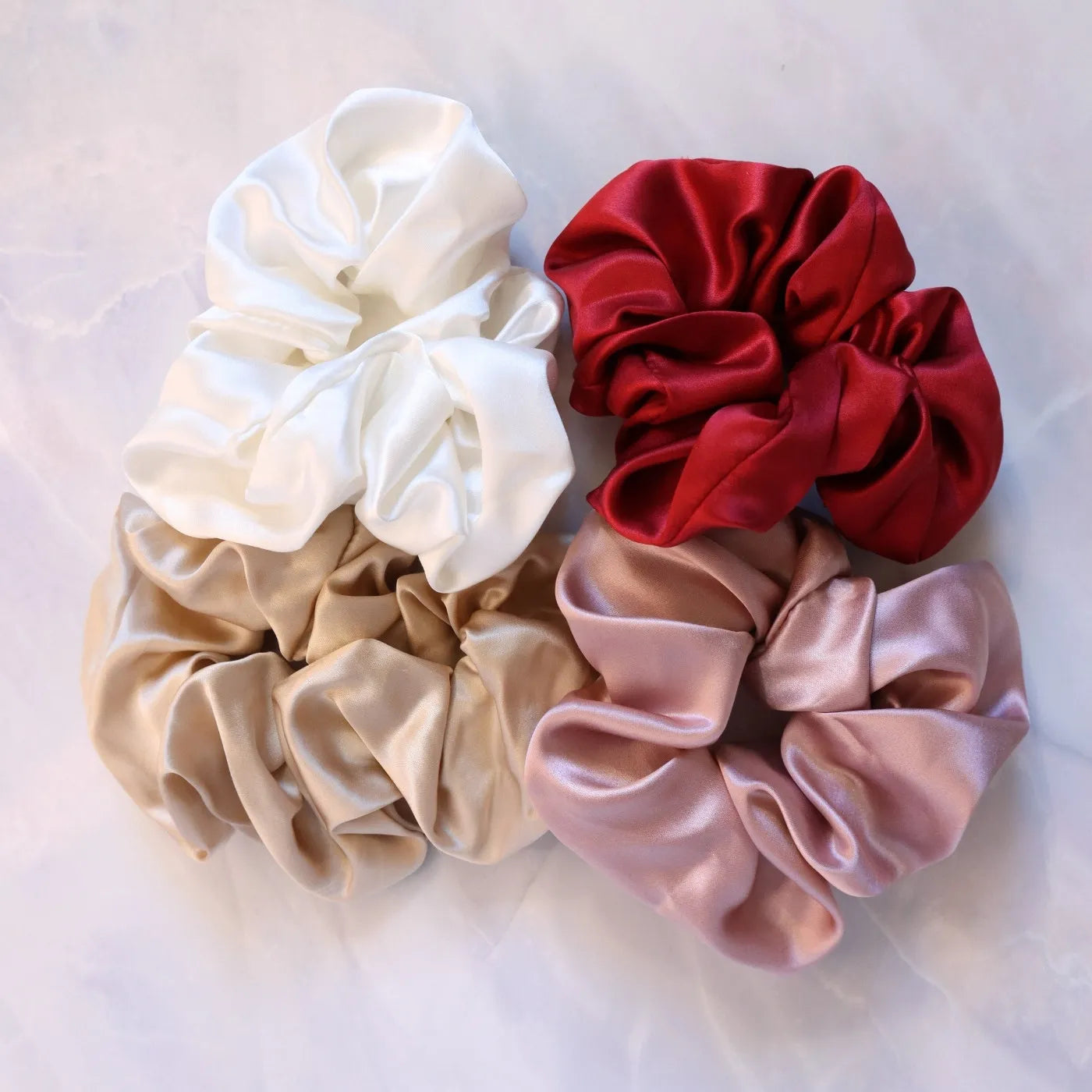 4 Silk Hair Scrunchie Set Ties Real Silk - Pink, Red, Gold, White