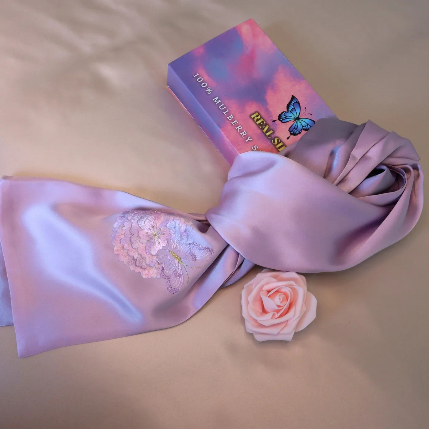 Lilac Mulberry Silk Scarf with Hand Embroidered Dandelion & Butterfly