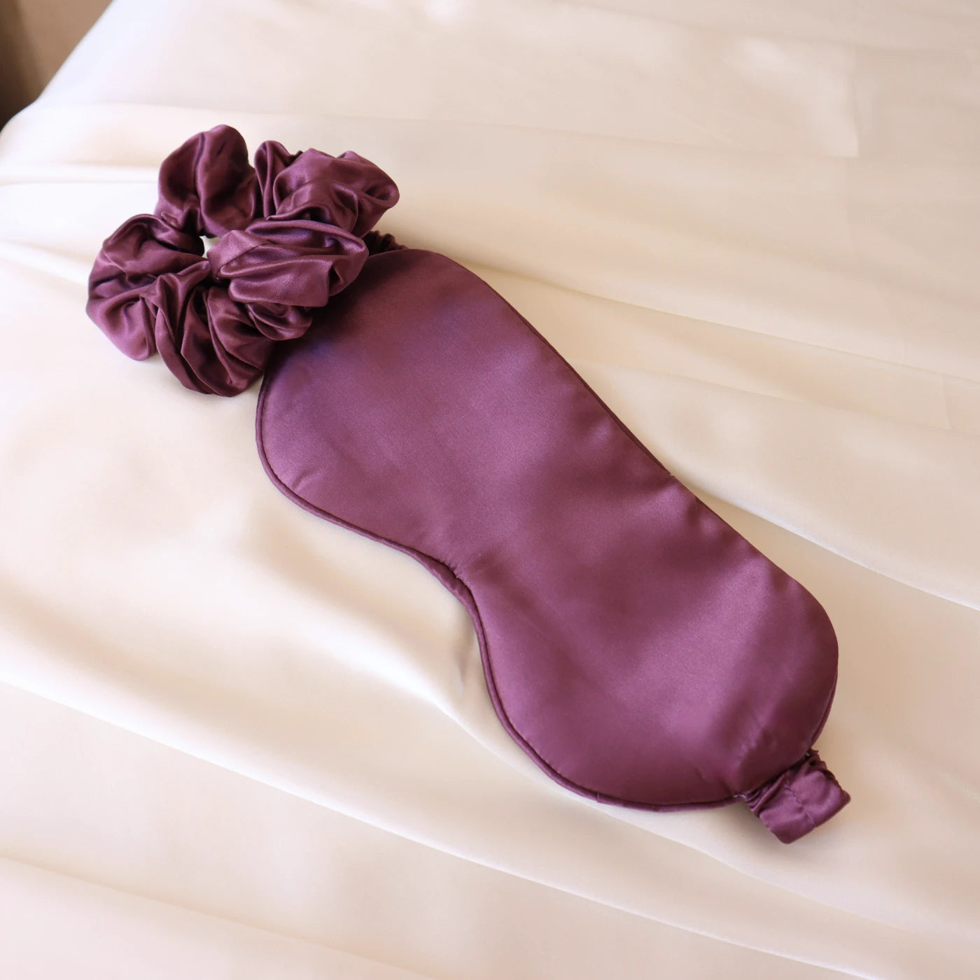 Mulberry Silk Gift Set - 22 Momme Real Silk Pillowcase, Sleeping Mask & Hair Scrunchie plum purple cherry