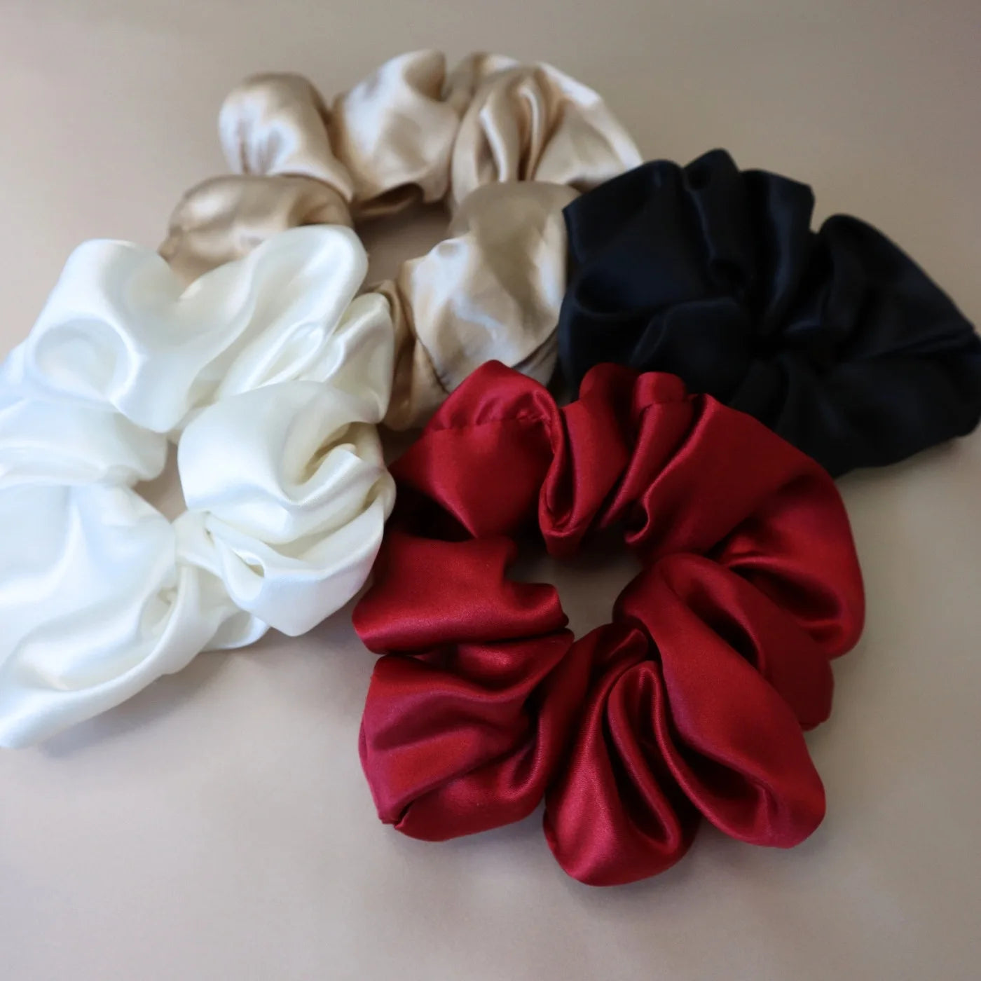 4 Silk Hair Scrunchie Ties Set - Red, White, Gold, Black