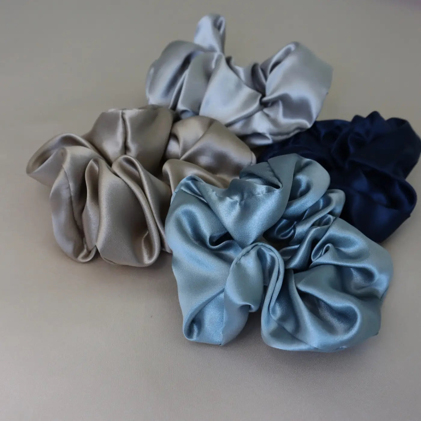 4 Silk Hair Scrunchie Hair Tie Set - Navy, Silver, Brown, Light Blue