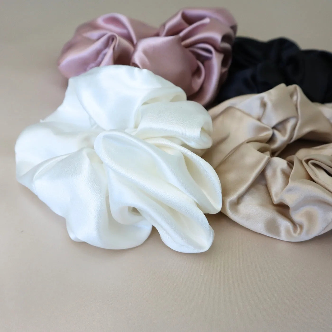 4 Silk Hair Scrunchie Set - White, Gold, Black, Pink