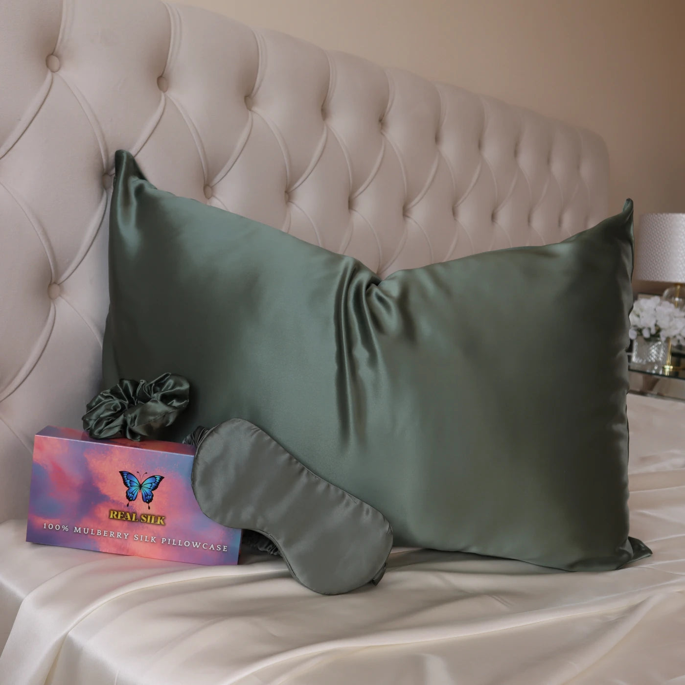 Mulberry Silk Gift Set - 22 Momme Real Silk Pillowcase, Sleeping Mask & Hair Scrunchie olive green